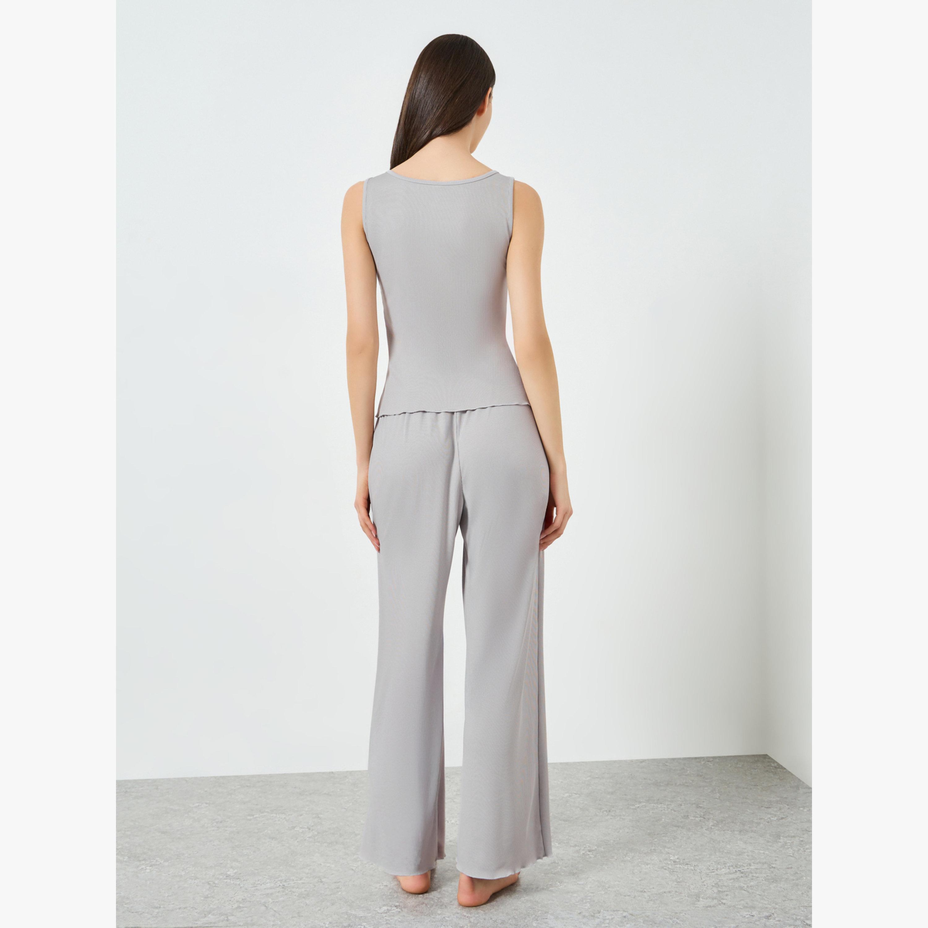 مجموعة من تيشيرت كات مضلع بدون أكمام وبيجاما-women-clothing-nightwear-pyjamas-longsets-image-3