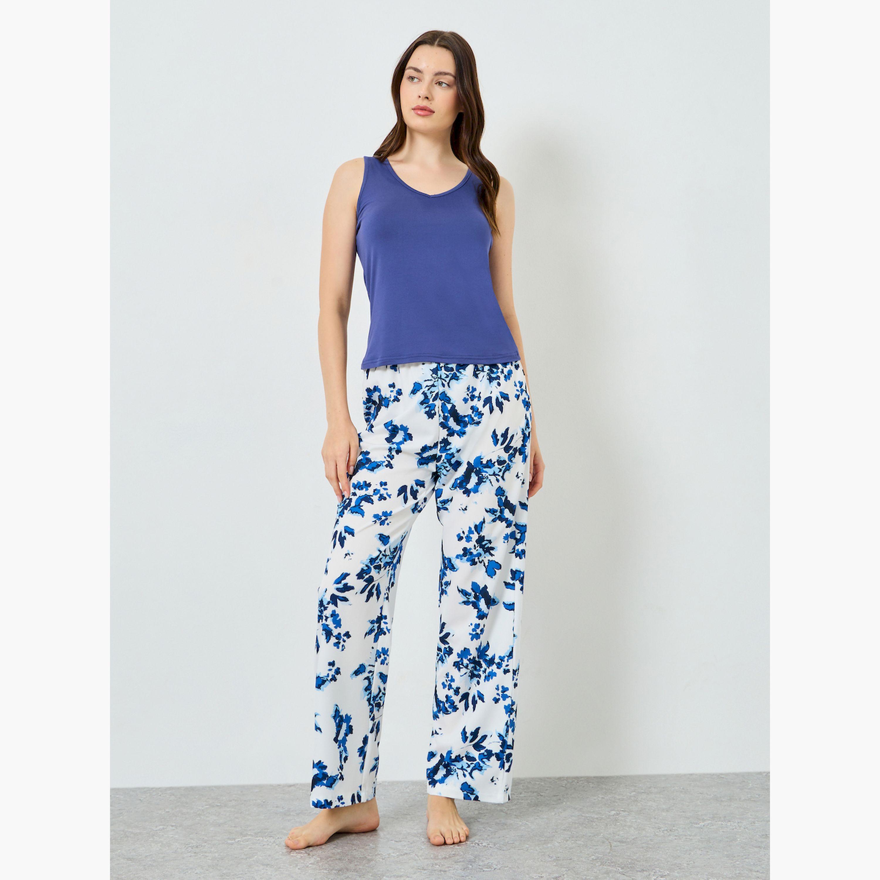 Styli Blue Sleeveless Top and Floral Printed Pyjama Set-women-clothing-nightwear-pyjamas-longsets-image-1