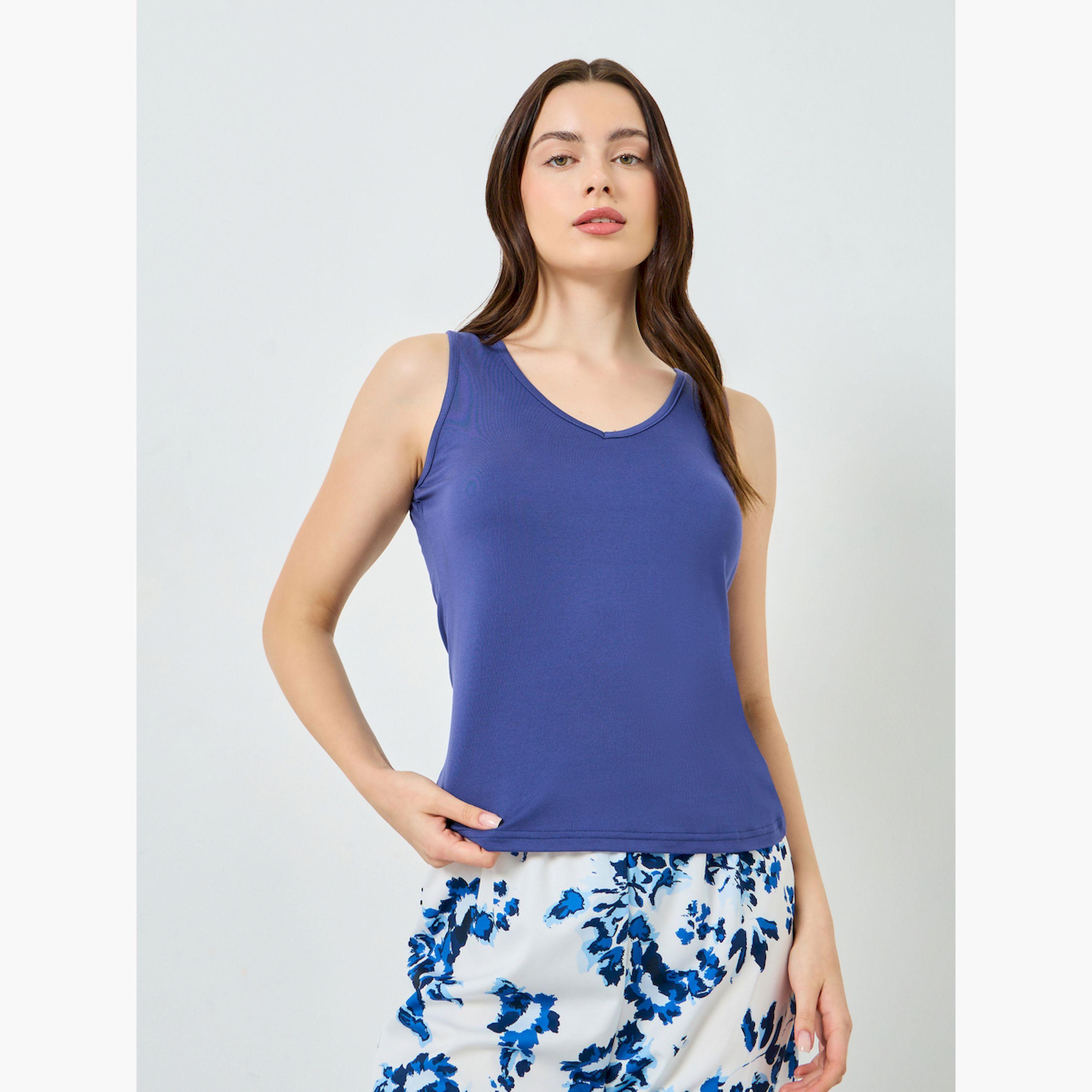 Styli Blue Sleeveless Top and Floral Printed Pyjama Set-women-clothing-nightwear-pyjamas-longsets-image-2