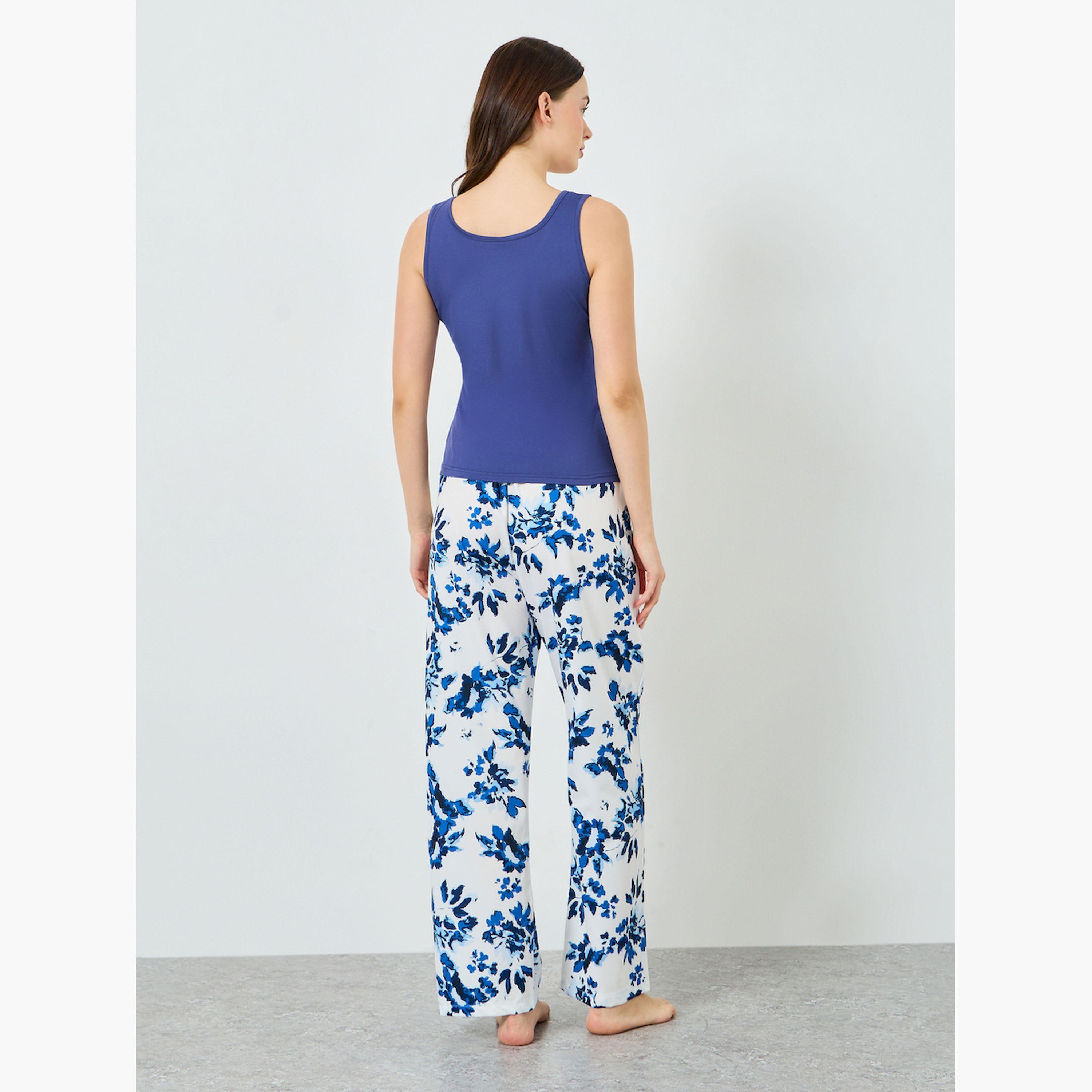Styli Blue Sleeveless Top and Floral Printed Pyjama Set-women-clothing-nightwear-pyjamas-longsets-image-3