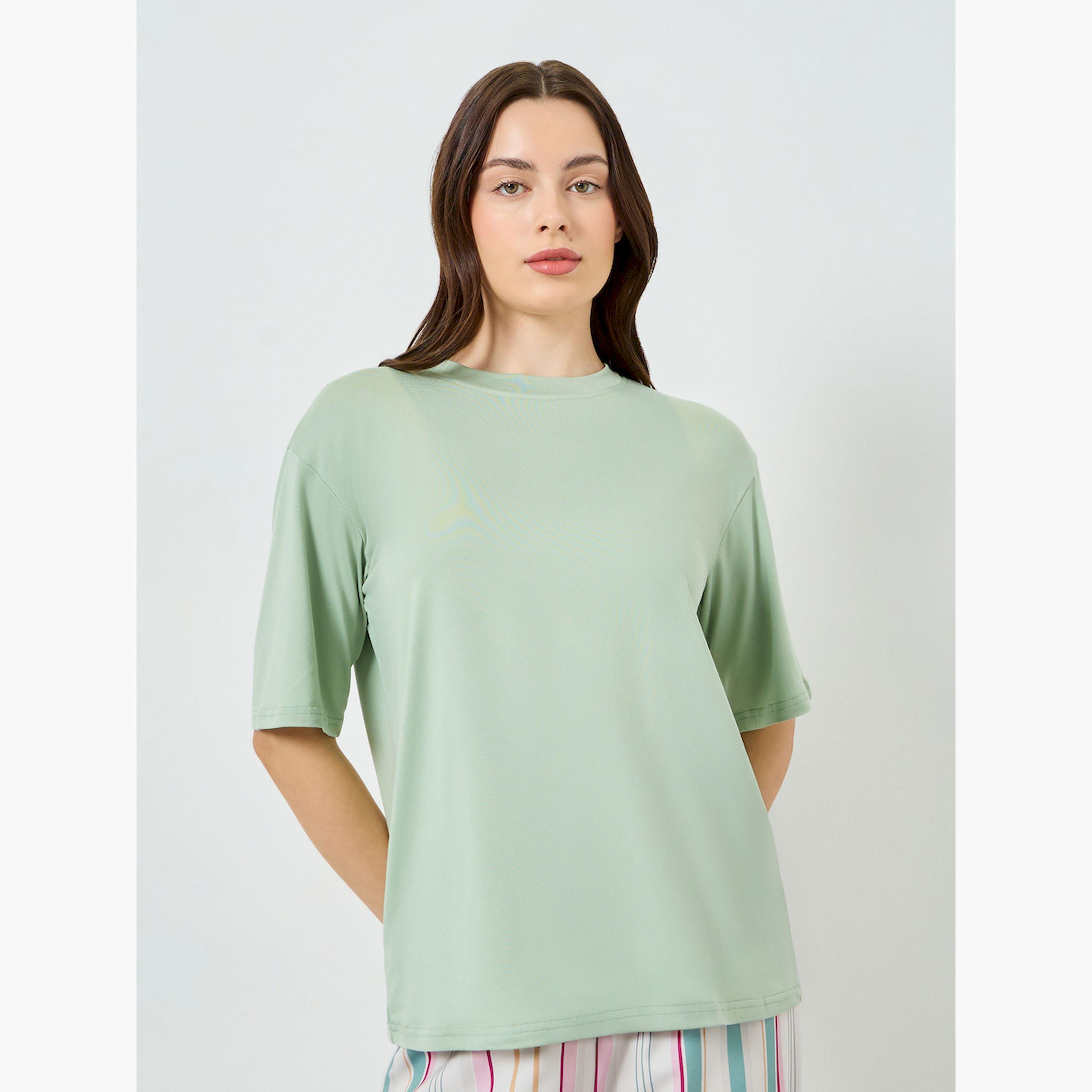 Styli Green Short Sleeve T-Shirt and Striped Pyjama Set-women-clothing-nightwear-pyjamas-longsets-image-2