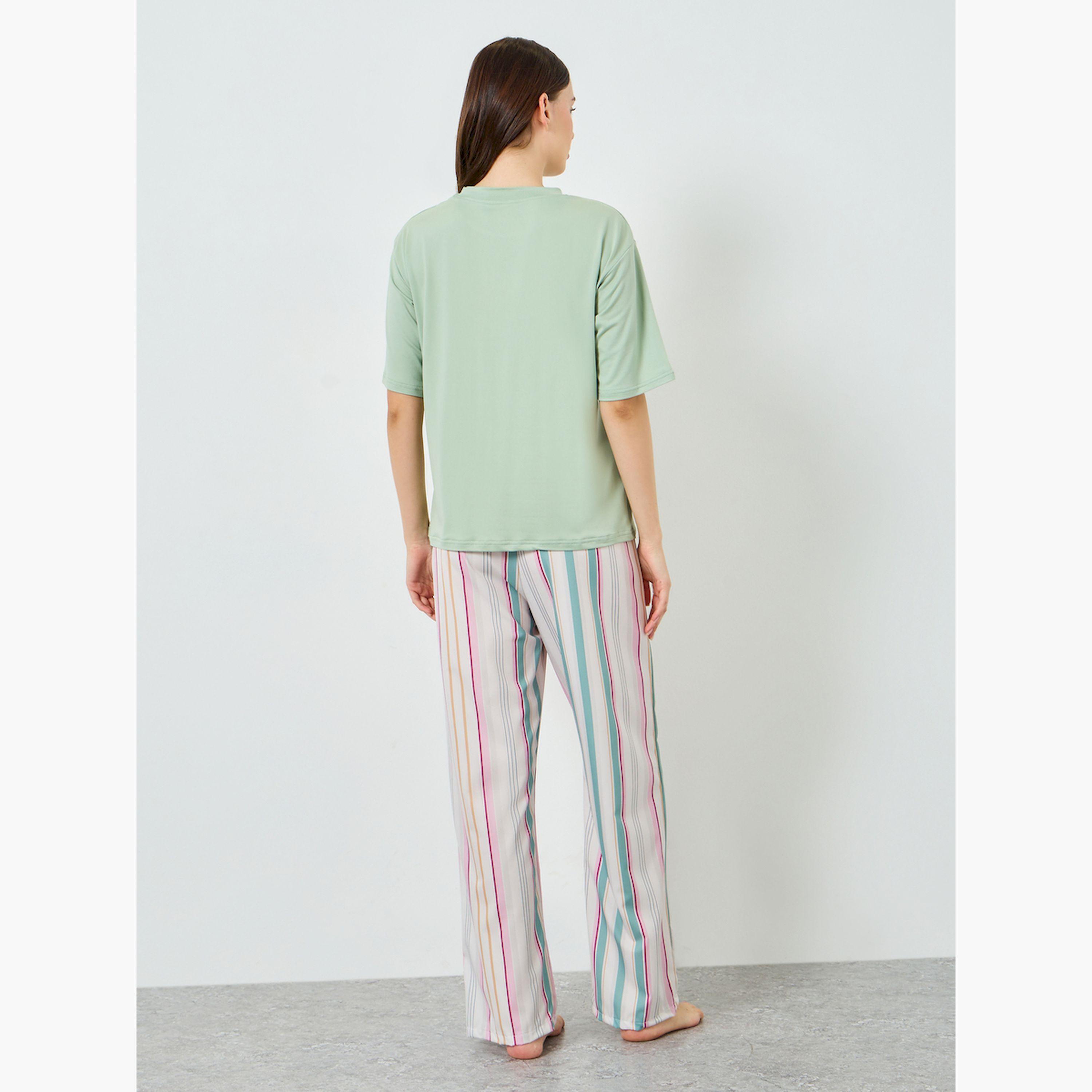 Styli Green Short Sleeve T-Shirt and Striped Pyjama Set-women-clothing-nightwear-pyjamas-longsets-image-3