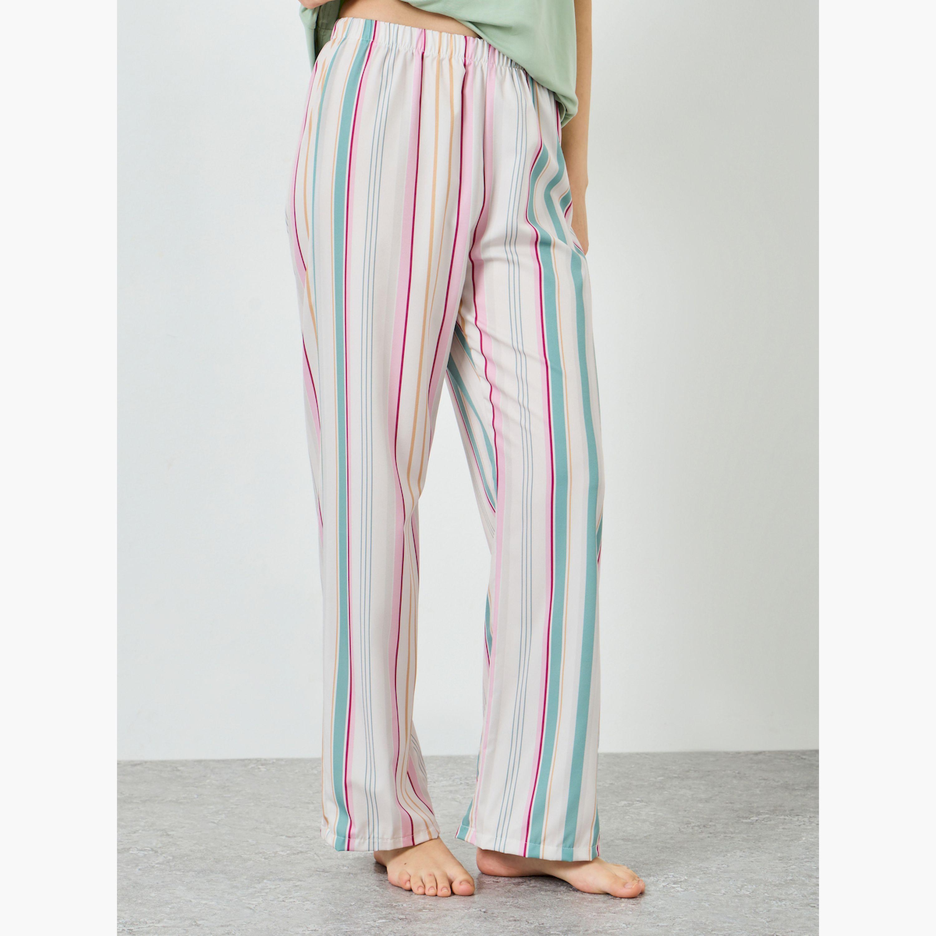 Styli Green Short Sleeve T-Shirt and Striped Pyjama Set-women-clothing-nightwear-pyjamas-longsets-image-4