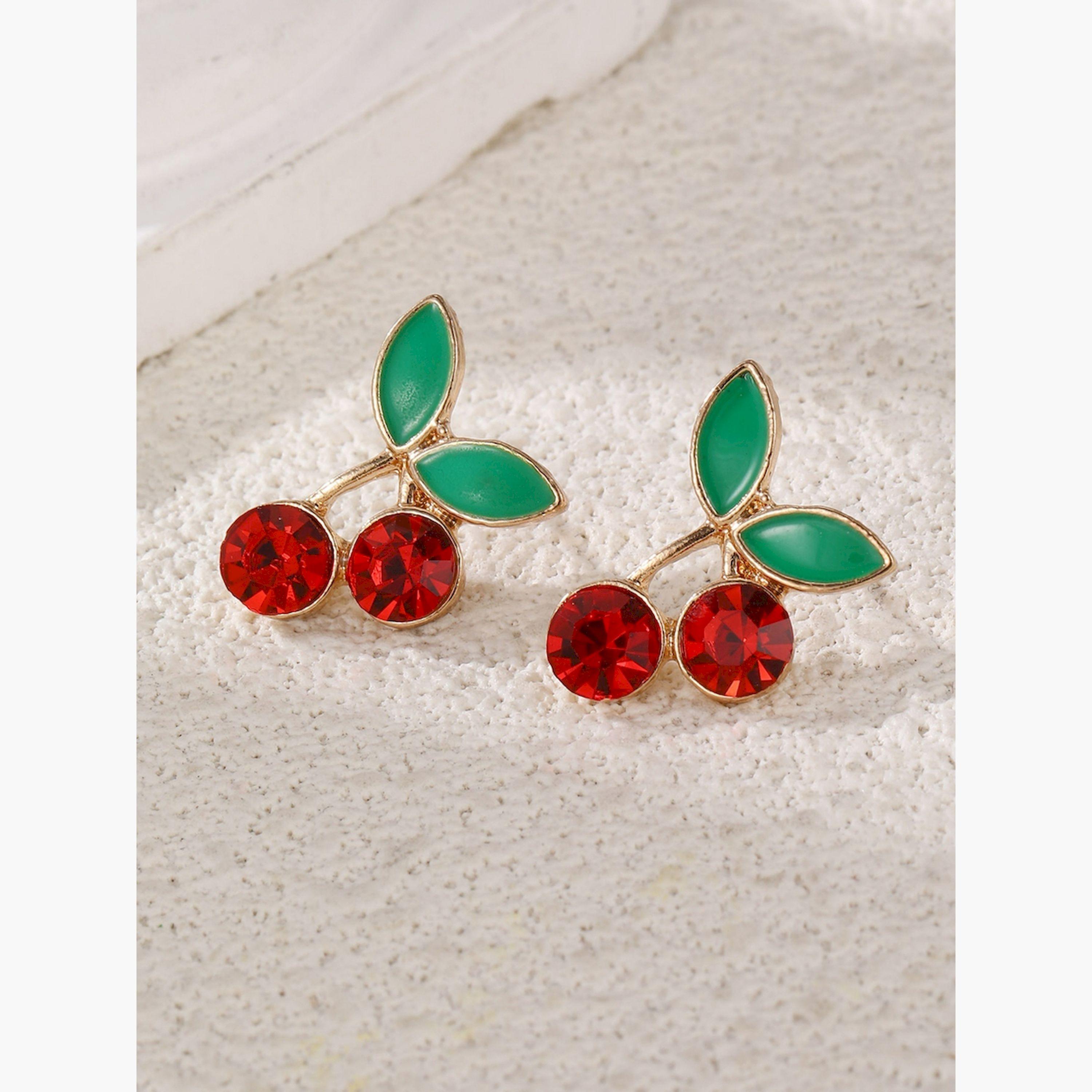 Take Two Cherry Gemstone Leaf Earrings-women-watchesandjewellery-jewellery-earrings-image-2