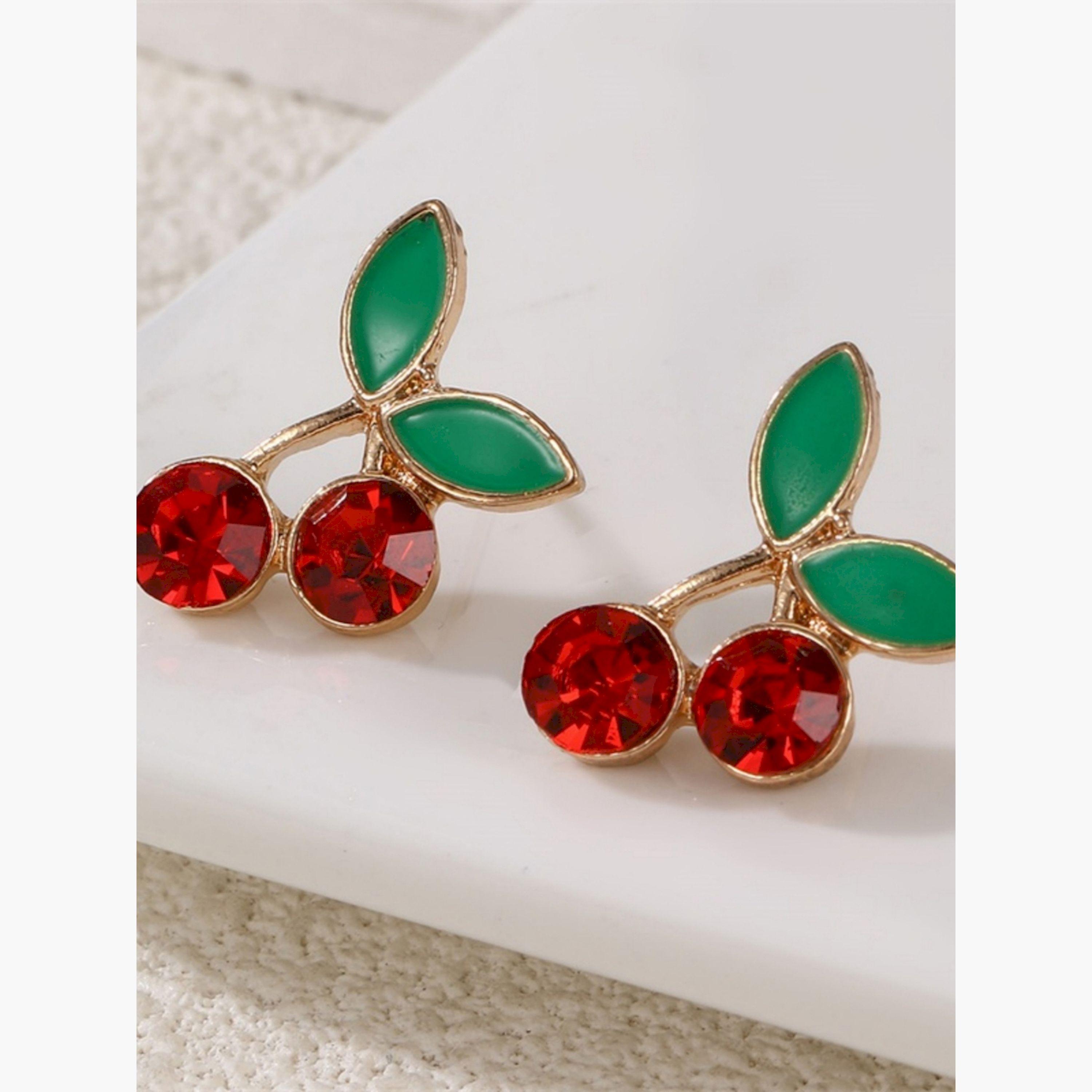 Take Two Cherry Gemstone Leaf Earrings-women-watchesandjewellery-jewellery-earrings-image-4