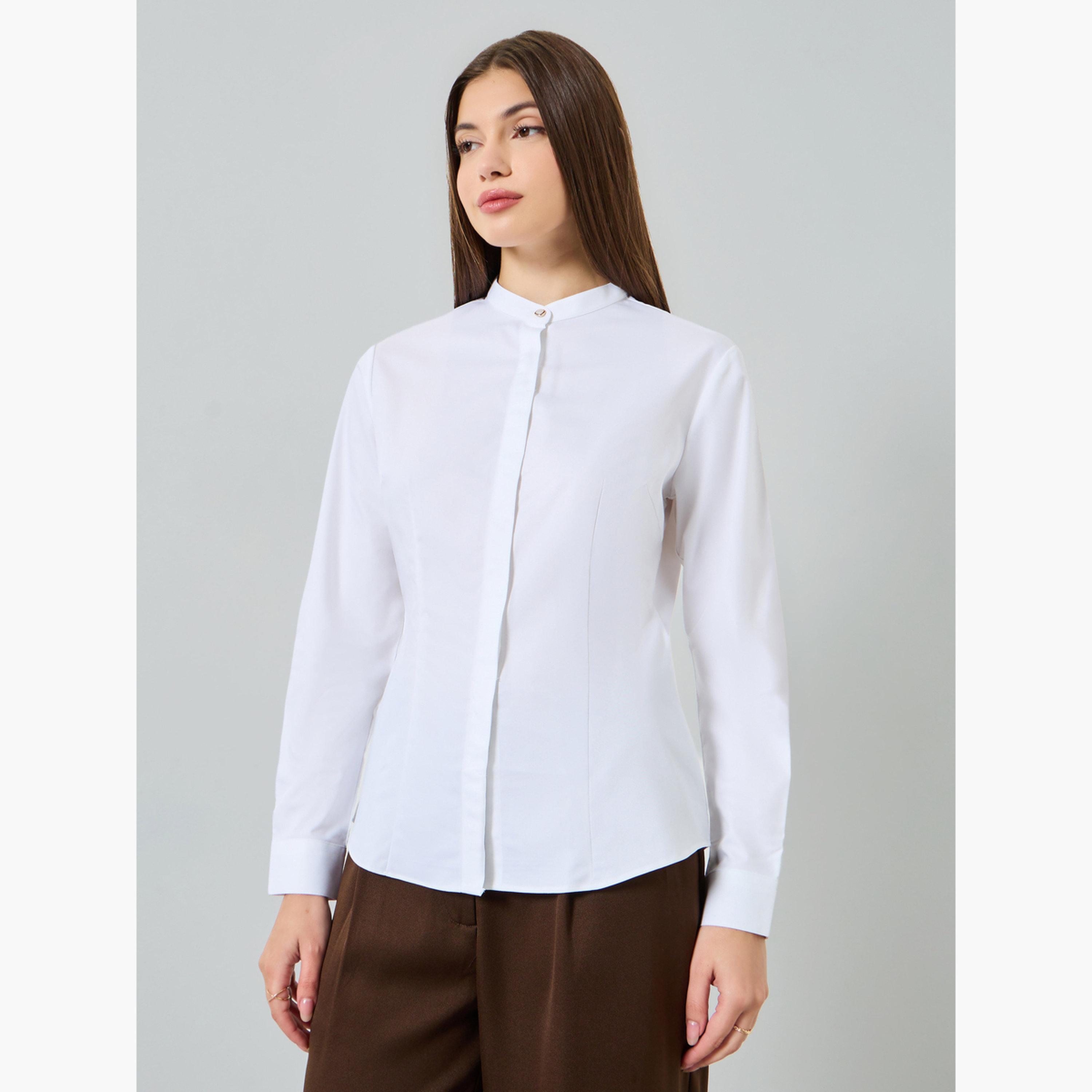 Styli White Mandarin Collar Regular Shirt-women-clothing-shirtsandblouses-shirts-image-1