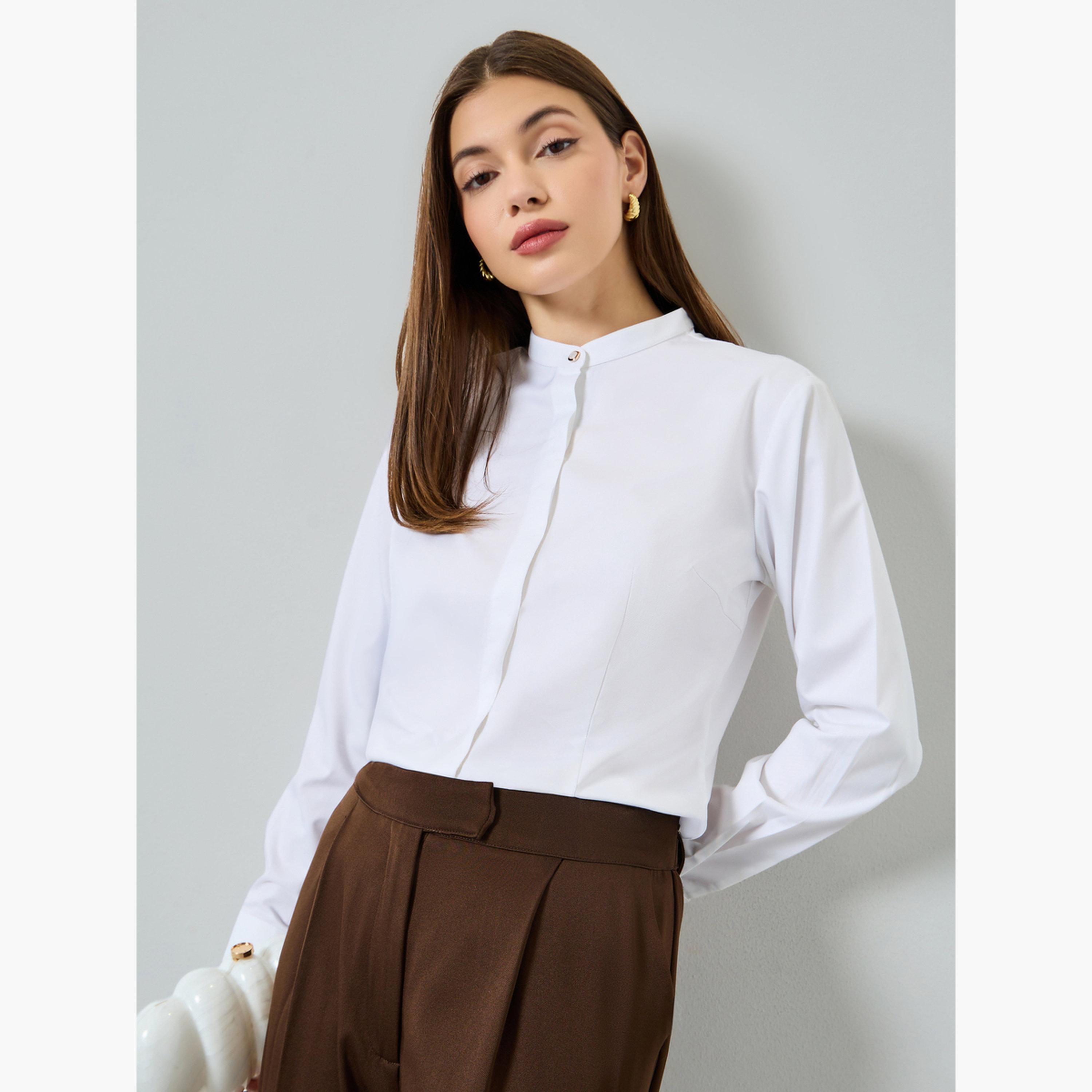 Styli White Mandarin Collar Regular Shirt-women-clothing-shirtsandblouses-shirts-image-3