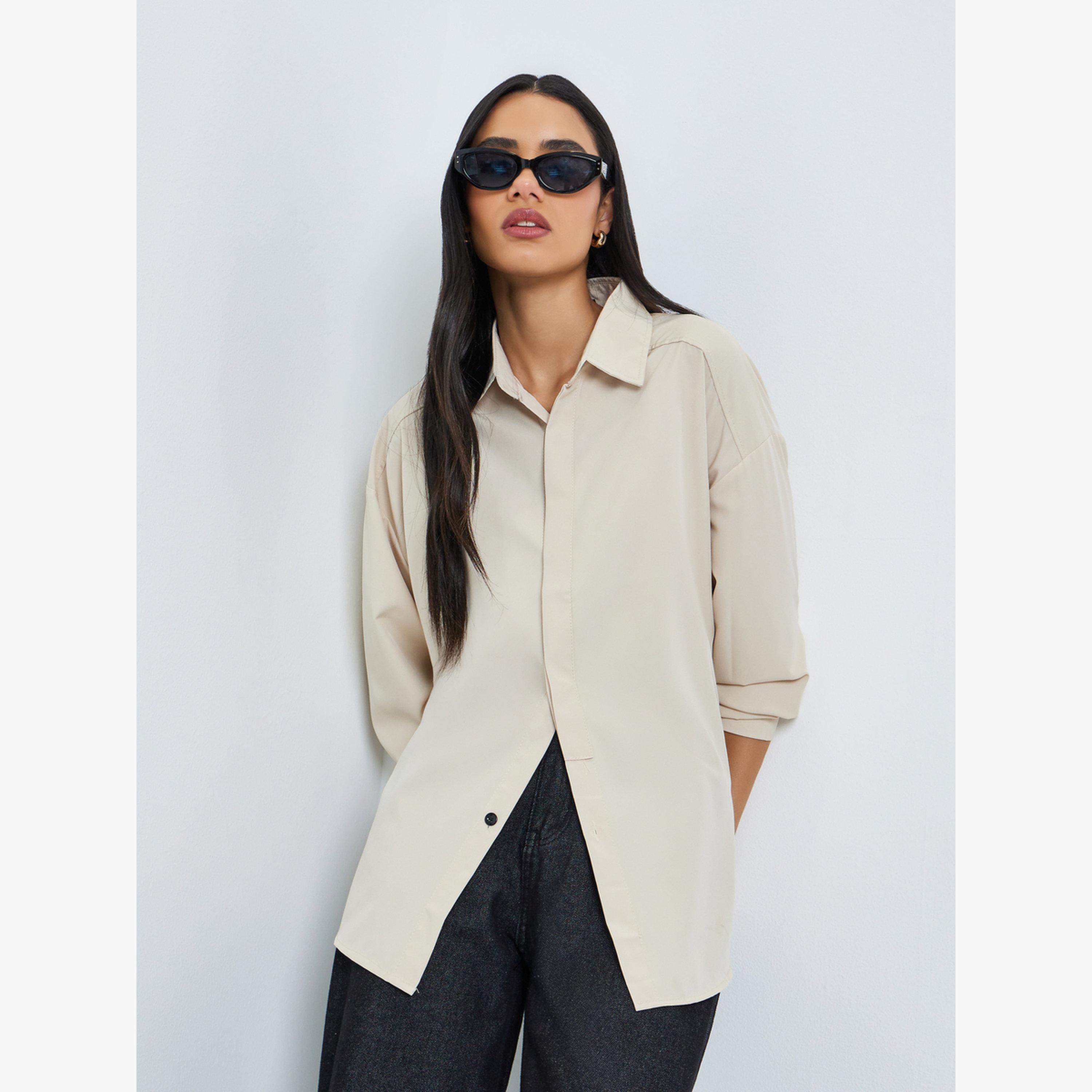 بلوزة مقاس كبير سادة بفتحة أزرار مزدوجة-women-clothing-shirtsandblouses-shirts-image-1