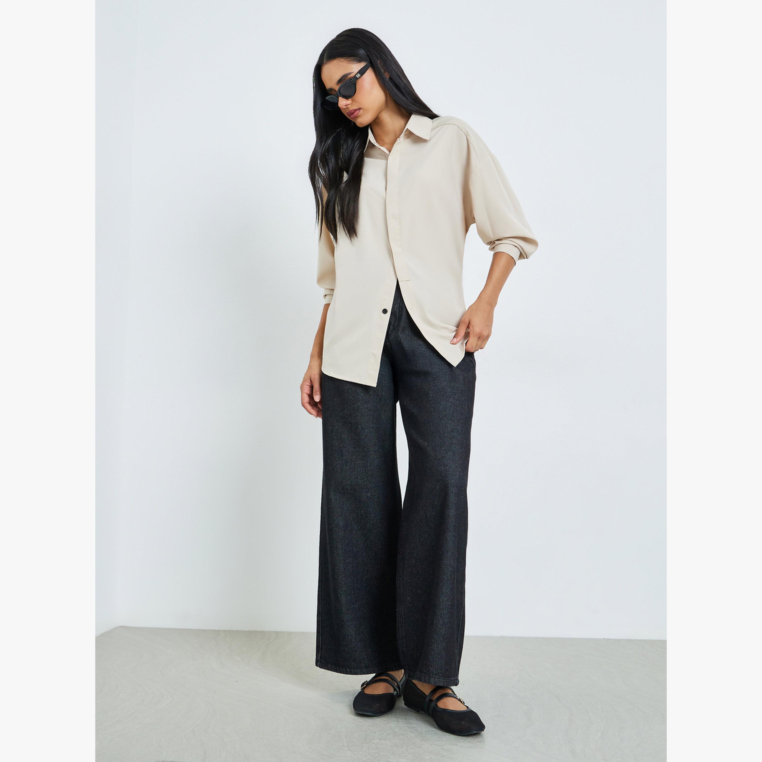 Styli Beige Solid Double-Placket Oversized Shirt-women-clothing-shirtsandblouses-shirts-image-2