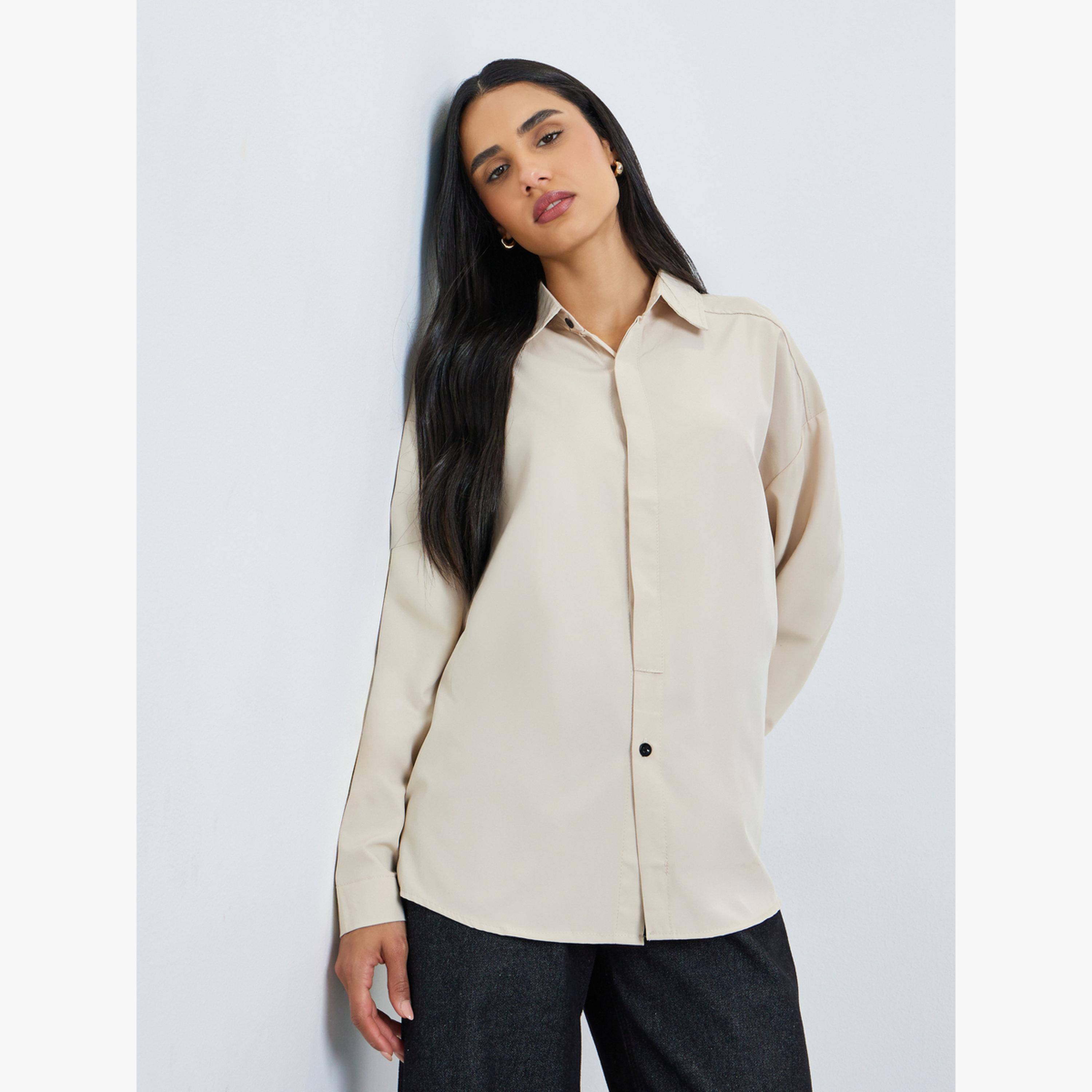 بلوزة مقاس كبير سادة بفتحة أزرار مزدوجة-women-clothing-shirtsandblouses-shirts-image-3