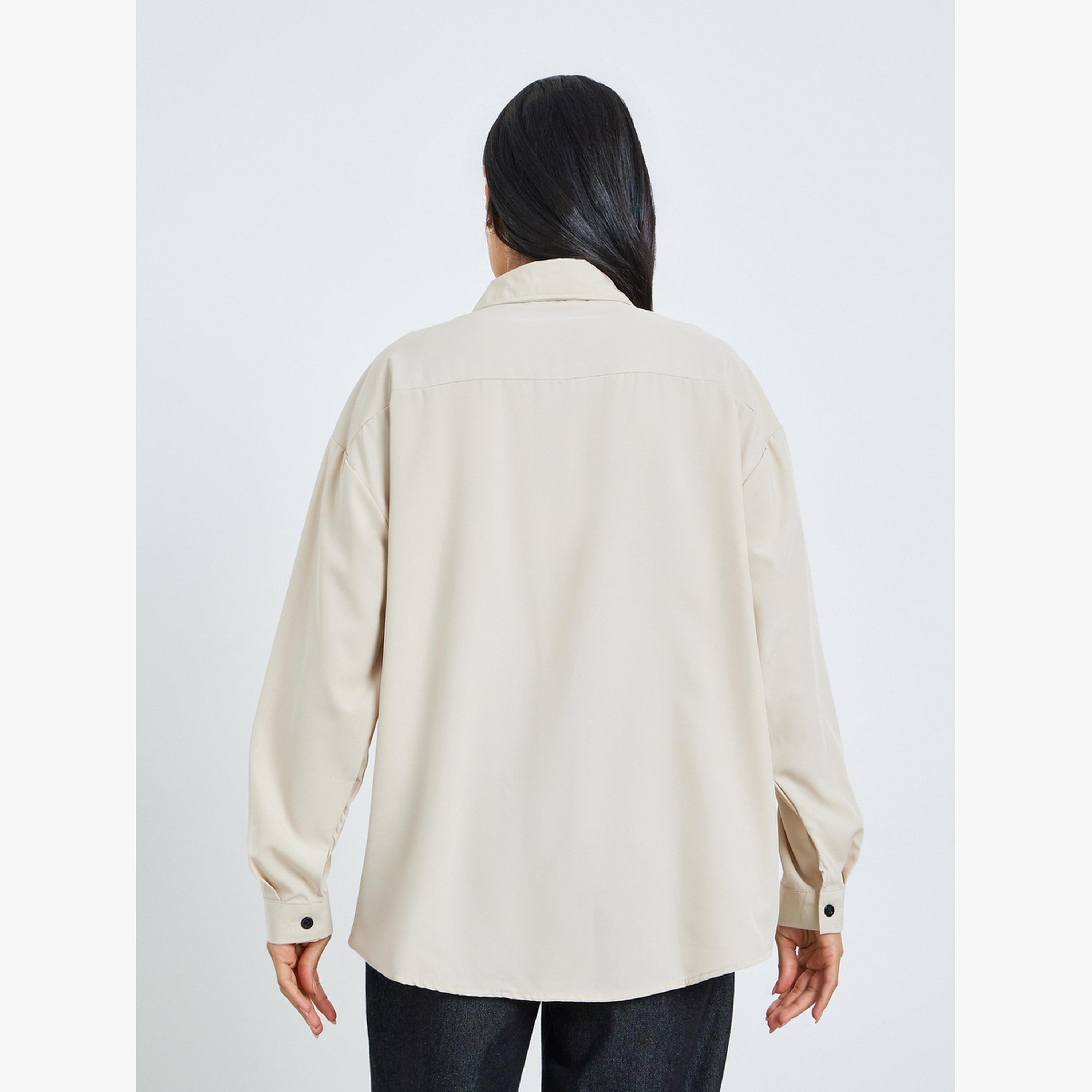 Styli Beige Solid Double-Placket Oversized Shirt-women-clothing-shirtsandblouses-shirts-image-4