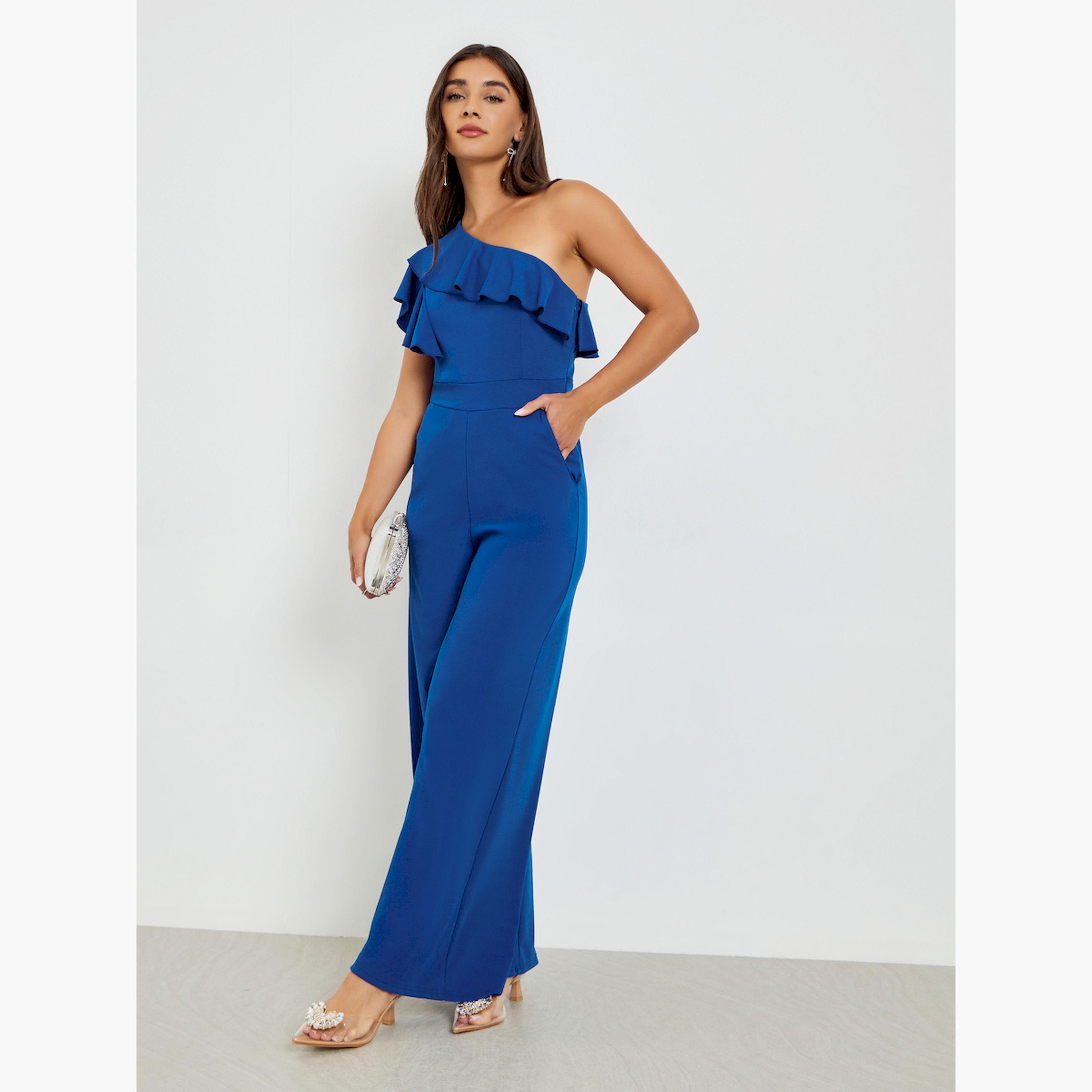 Styli Blue One Shoulder Ruffled Wide Leg Jumpsuit-women-clothing-jumpsuits-image-3