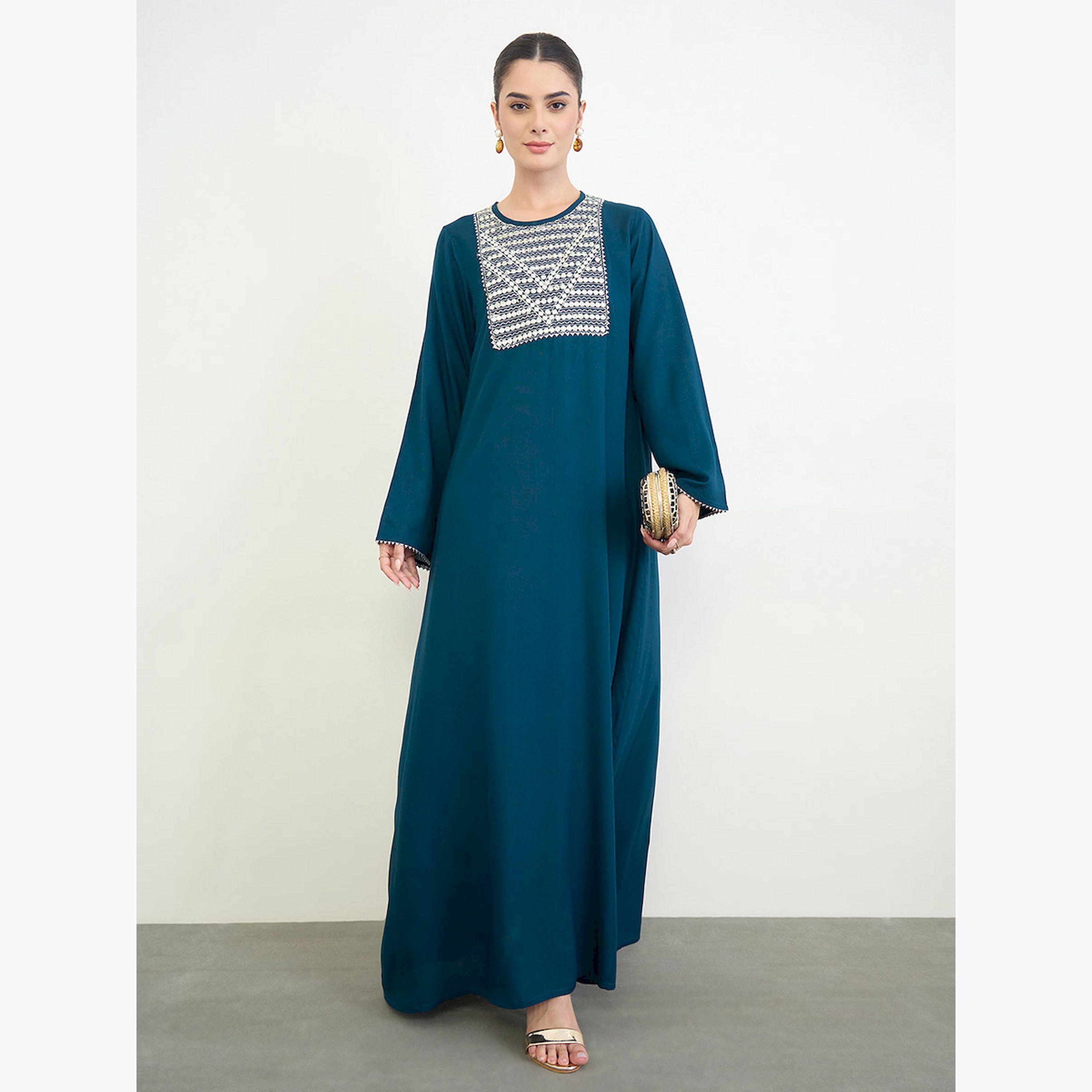 Amirah X Styli Navy Blue Embroidery Yoke Round Neck Jalabiya-women-arabicclothing-jalabiyas-image-2
