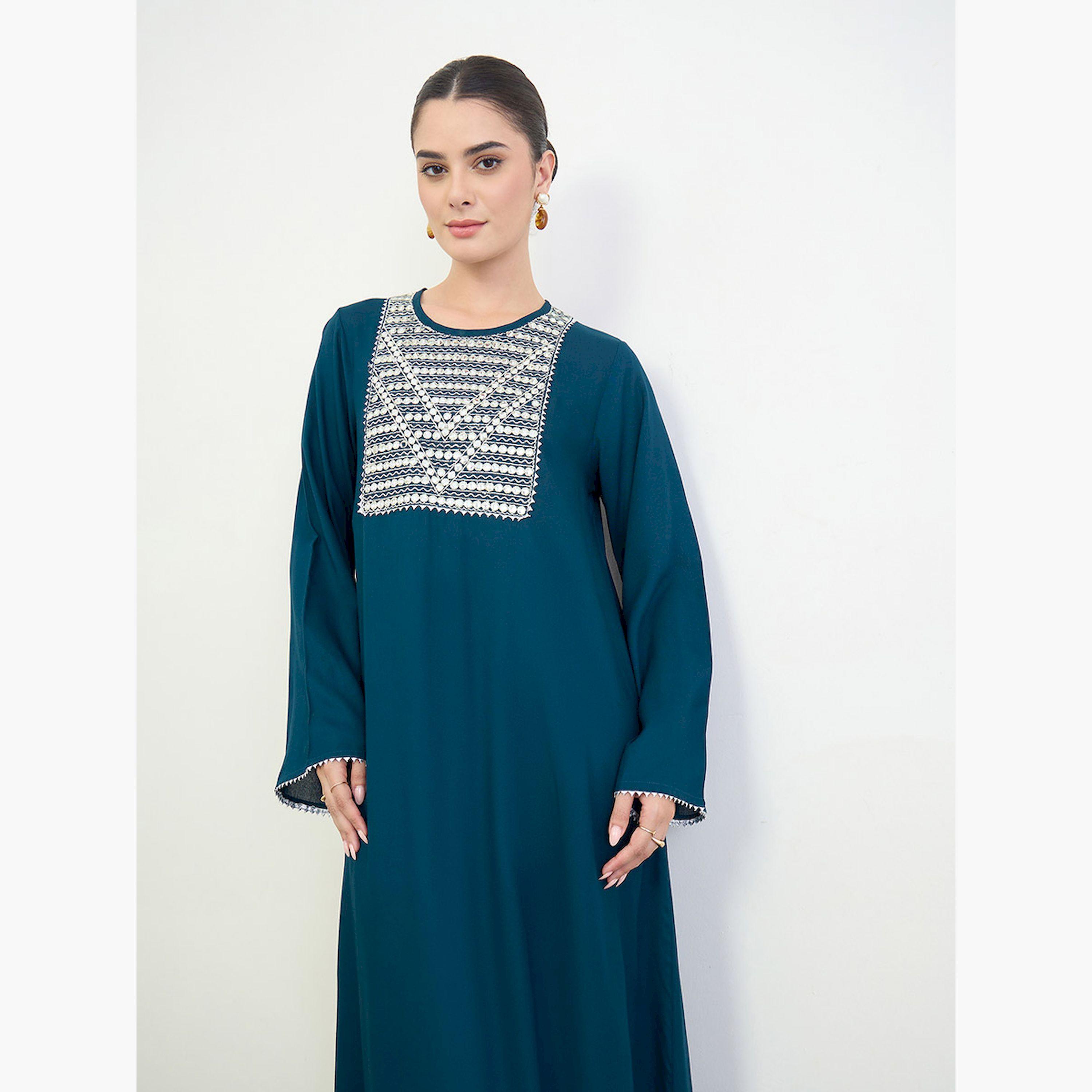 جلابية بياقة دائرية وجزء علوي مطرز-women-arabicclothing-jalabiyas-image-3
