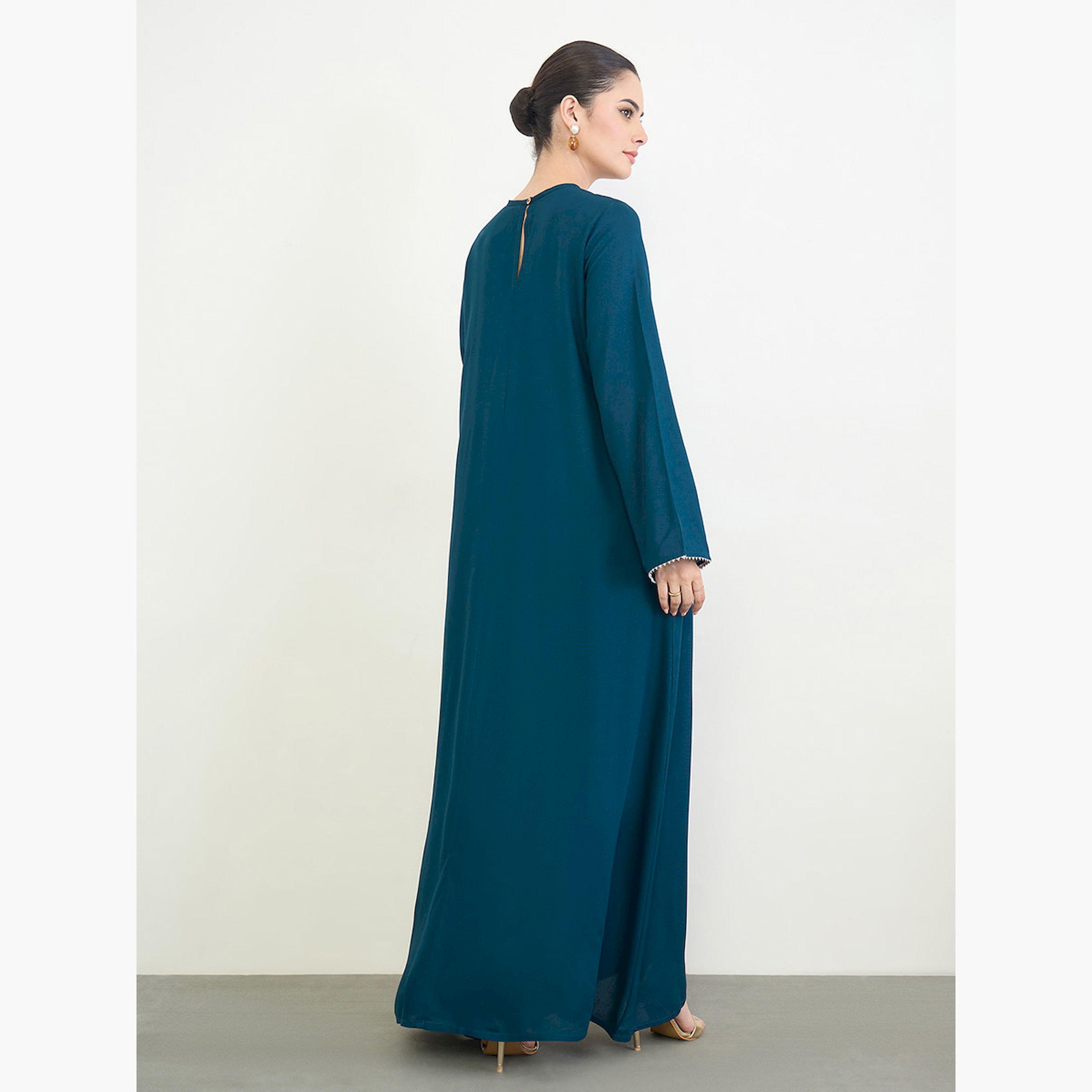 Amirah X Styli Navy Blue Embroidery Yoke Round Neck Jalabiya-women-arabicclothing-jalabiyas-image-4