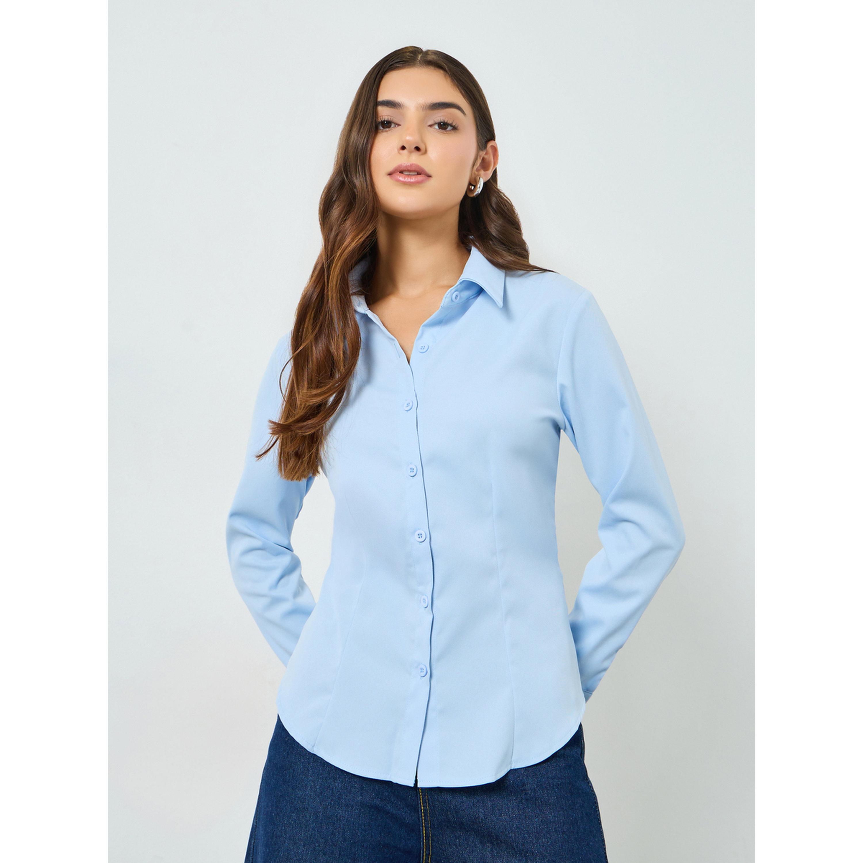 Take Two Light Blue Long Sleeve Back Tie-Up Shirt-women-clothing-shirtsandblouses-shirts-image-1