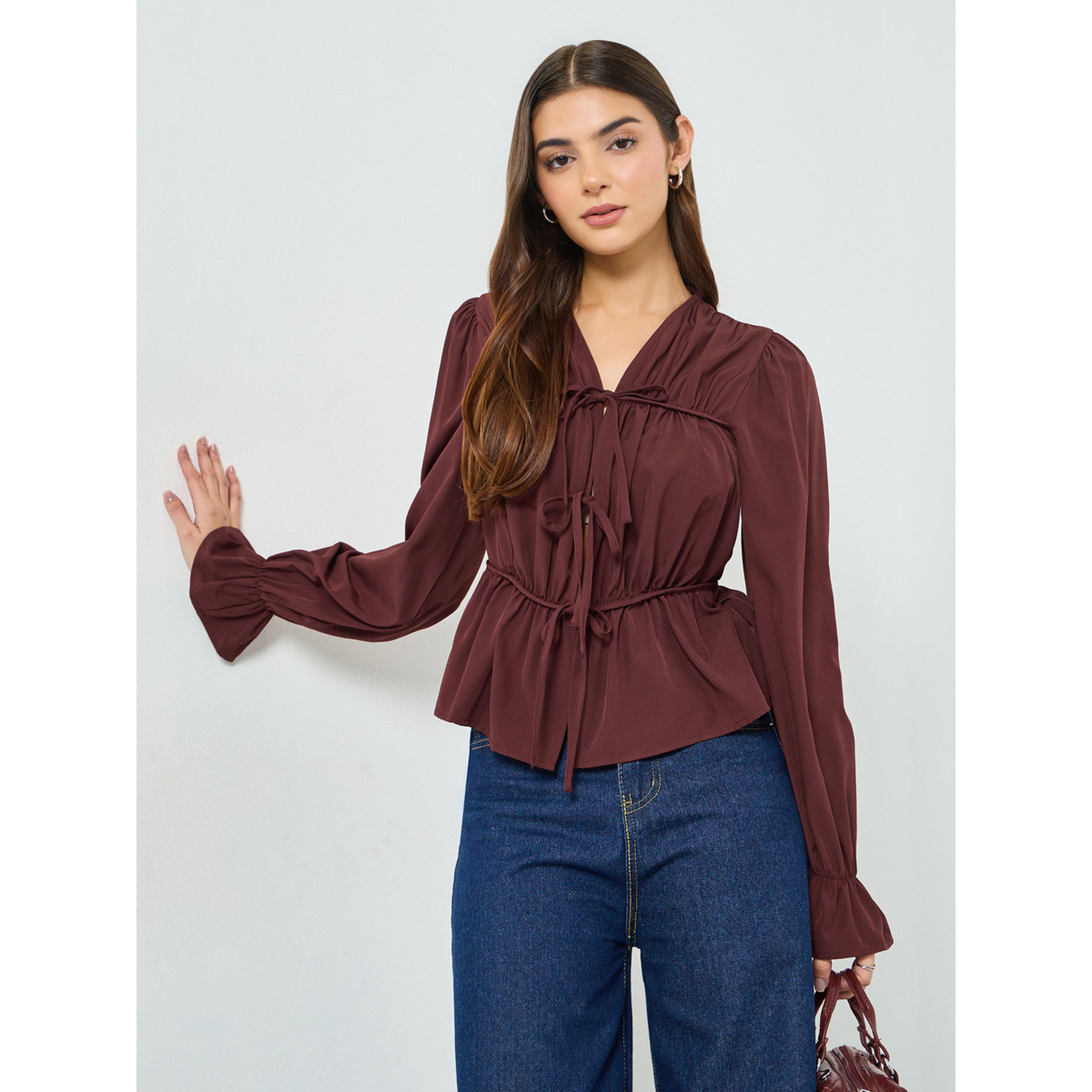 Take Two Burgundy Tie-Neck Peplum Top-women-clothing-shirtsandblouses-blouses-image-1