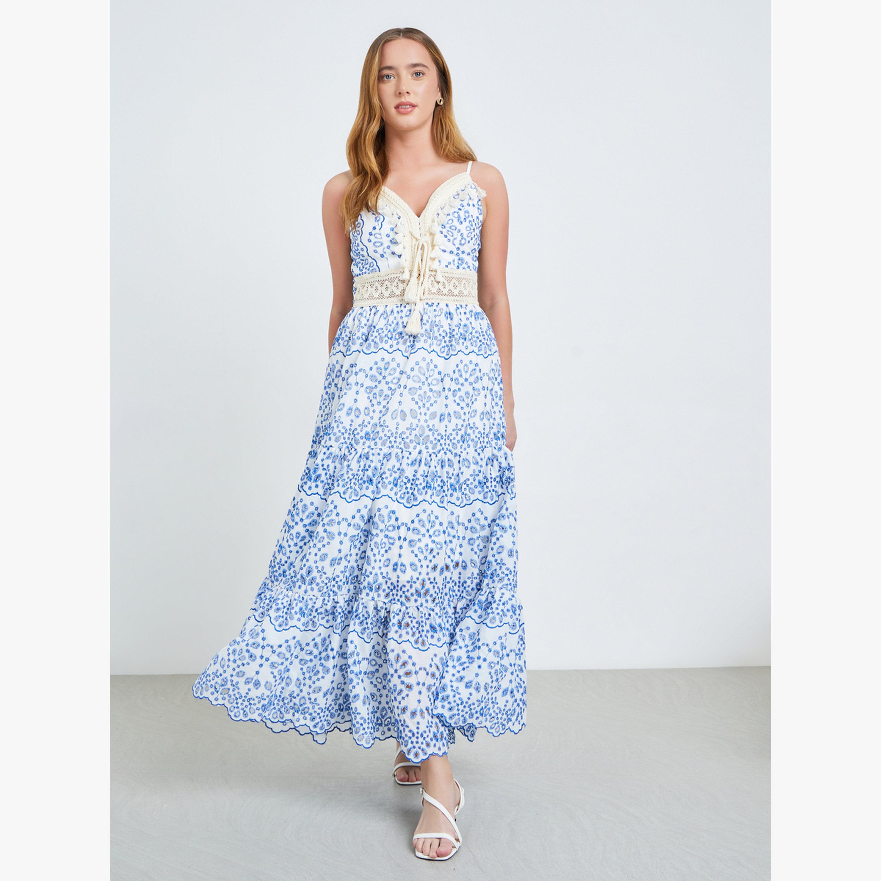 Take Two Blue Graphic Print Lace Detail Strappy Maxi Dress-women-clothing-dresses-image-1