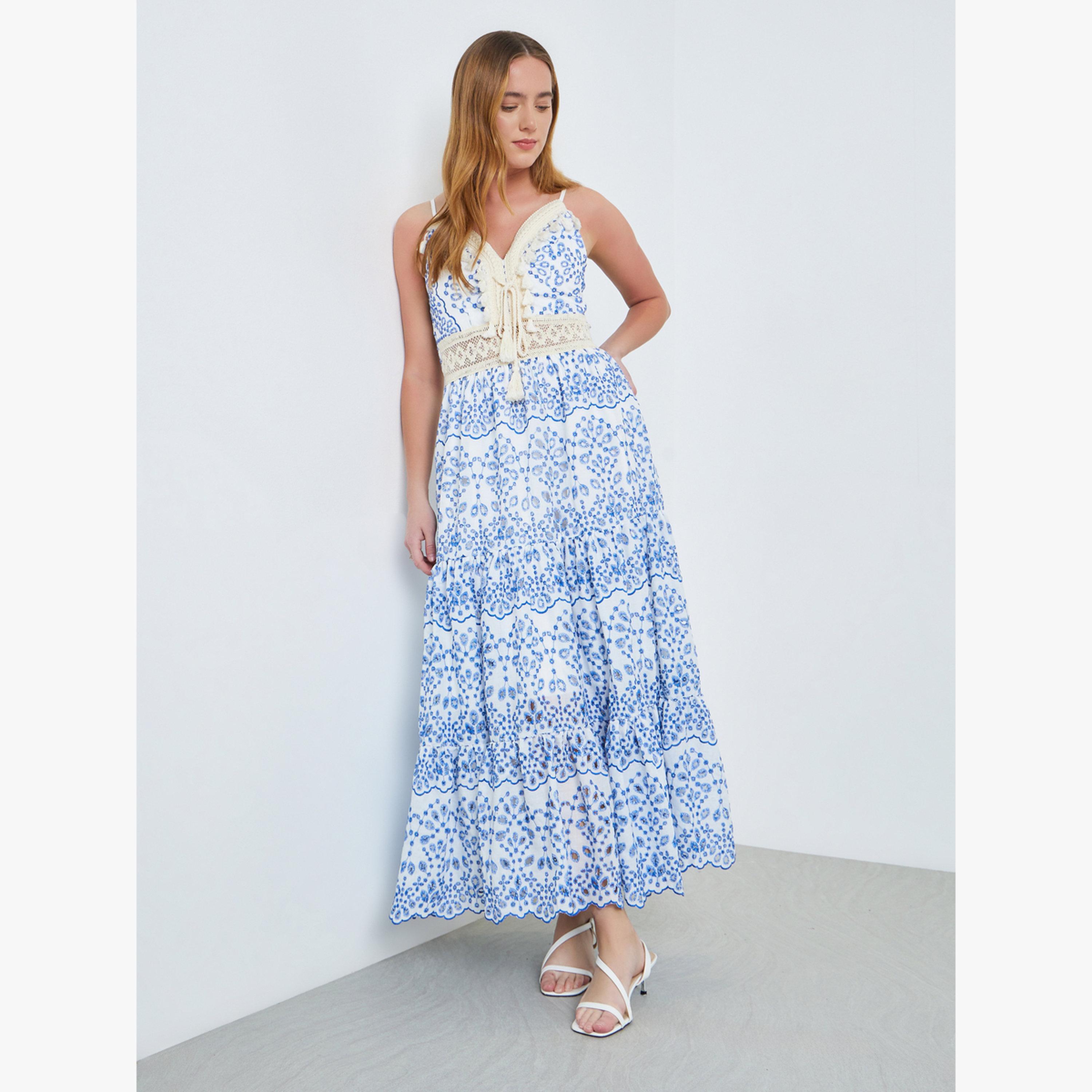 Take Two Blue Graphic Print Lace Detail Strappy Maxi Dress-women-clothing-dresses-image-2