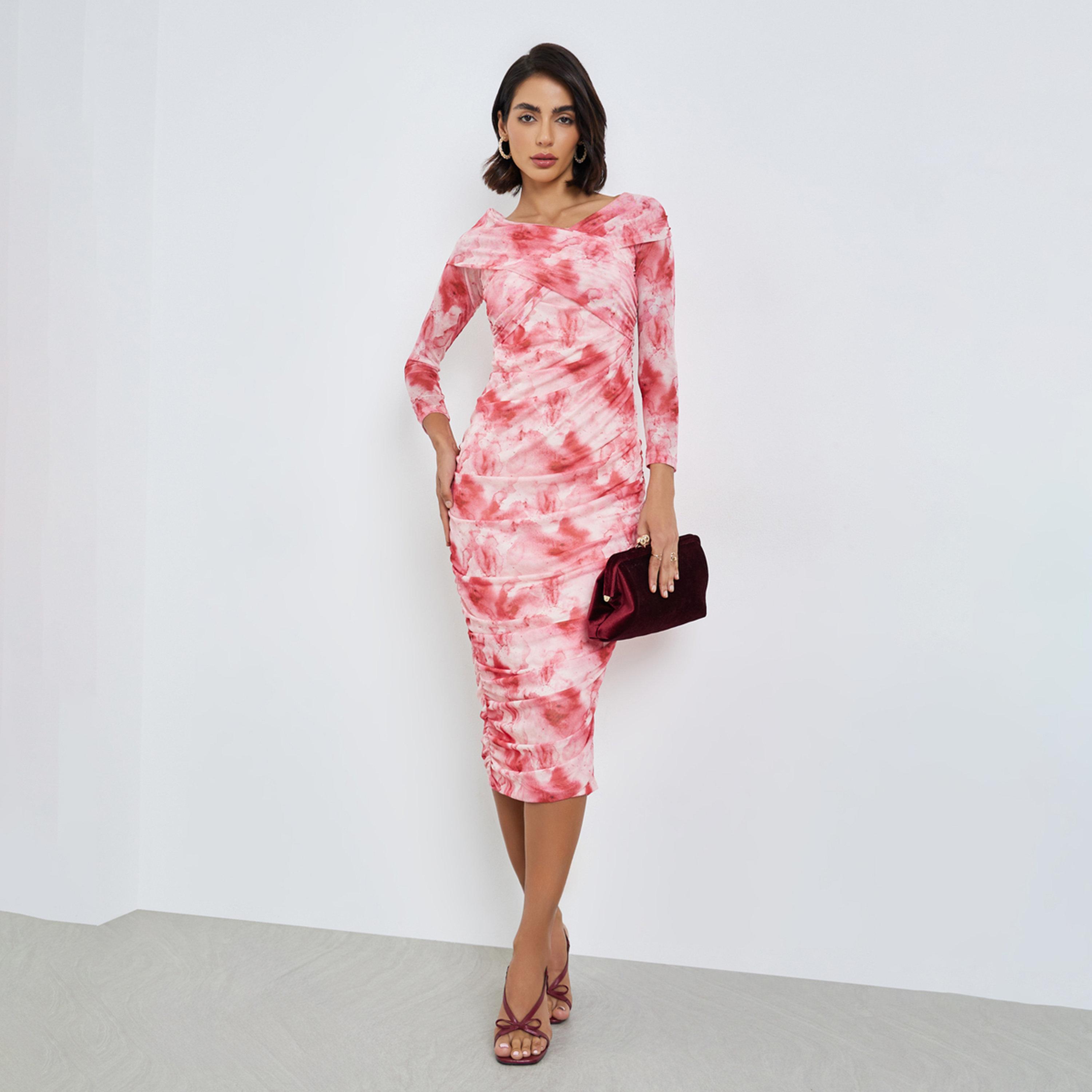 Styli Pink Floral Gathered Bodycon Midi Dress-women-clothing-dresses-image-1