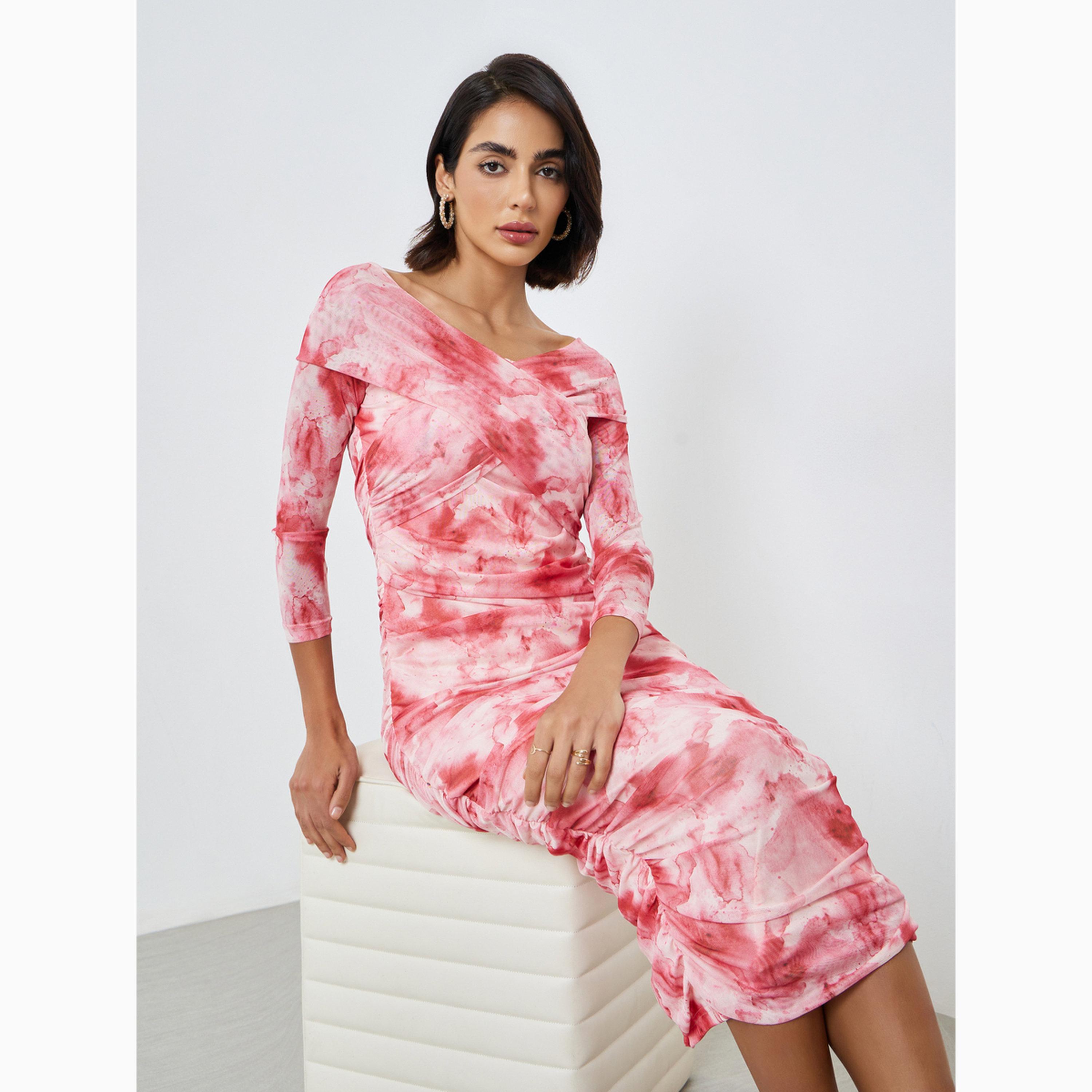 Styli Pink Floral Gathered Bodycon Midi Dress-women-clothing-dresses-image-2