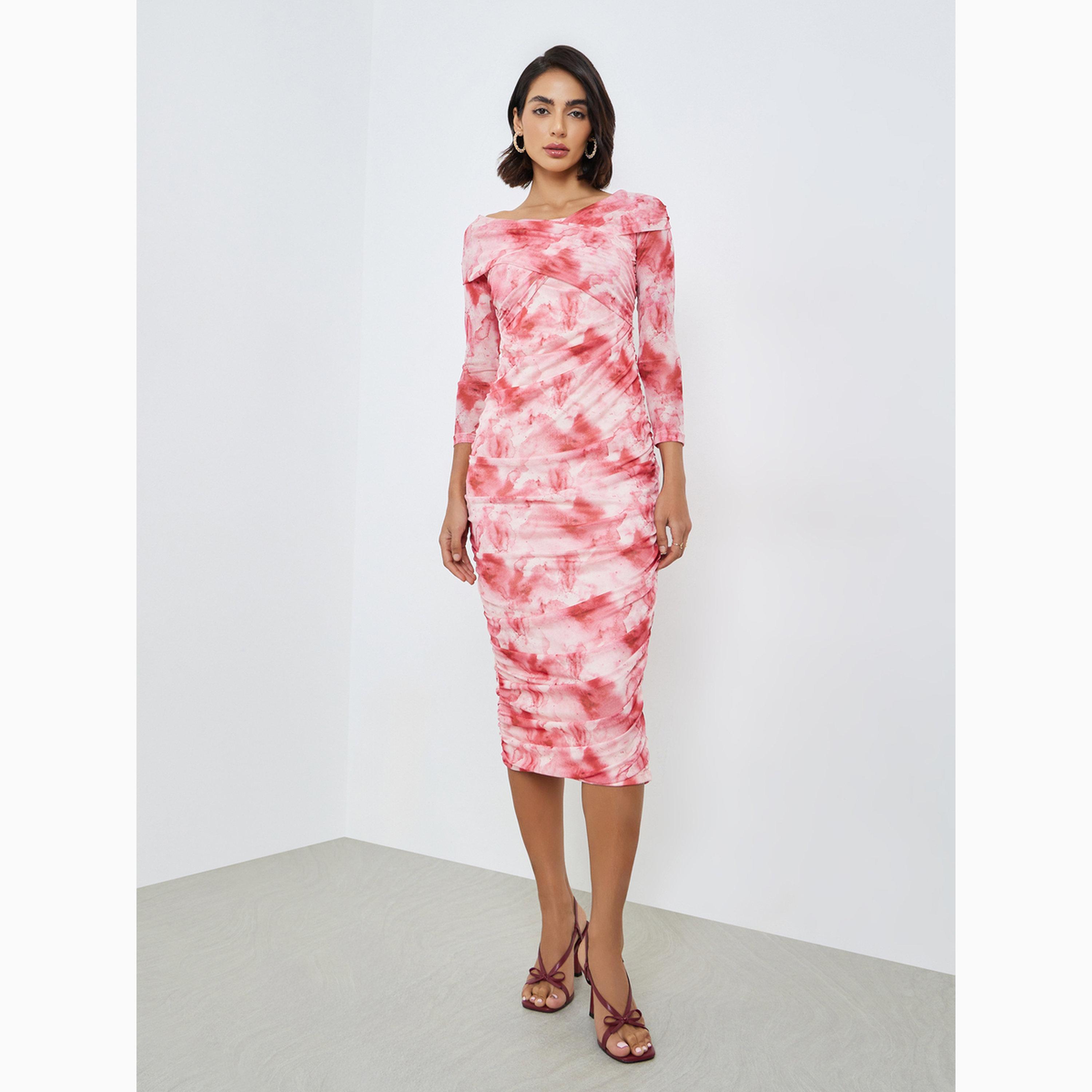 Styli Pink Floral Gathered Bodycon Midi Dress-women-clothing-dresses-image-4