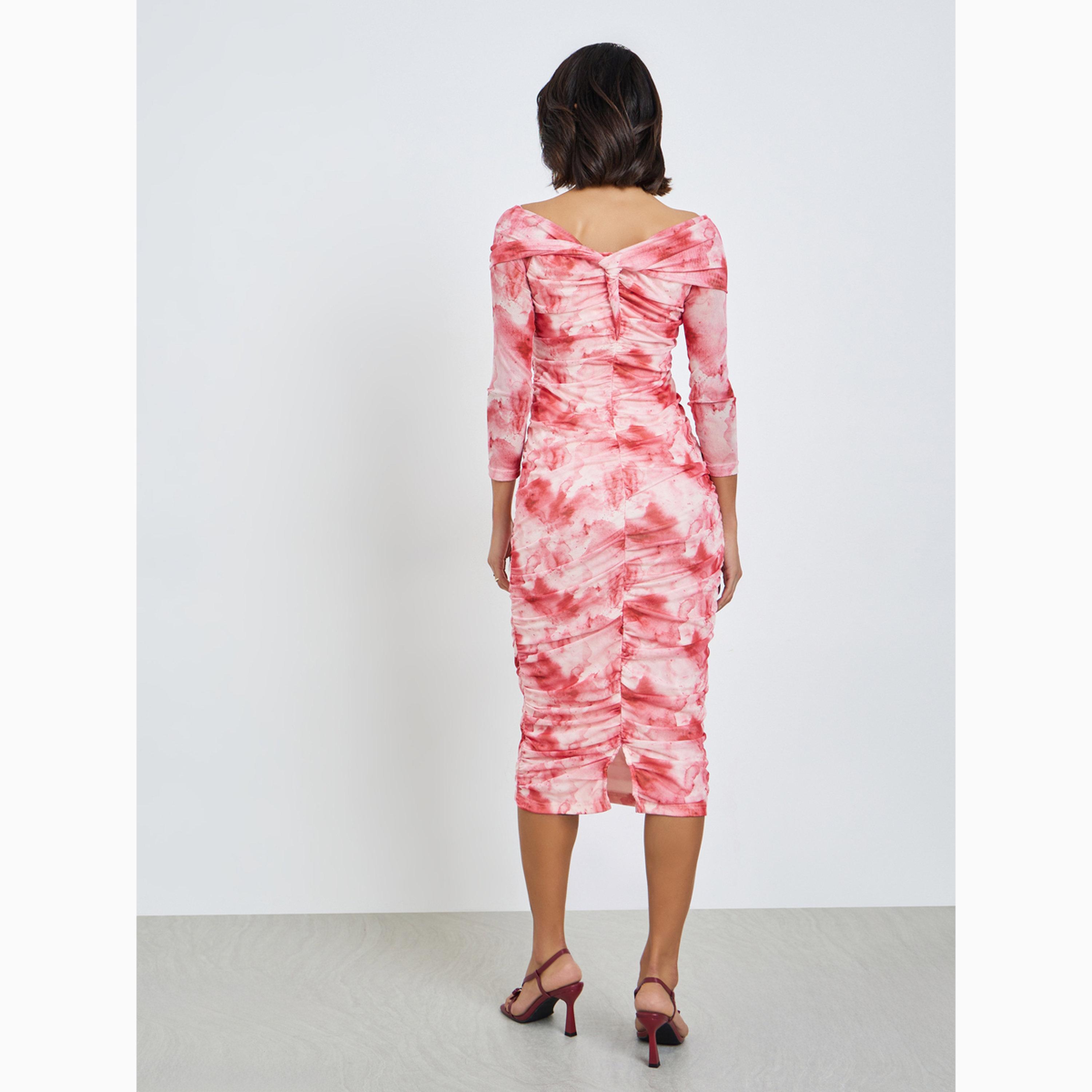 فستان ميدي ضيق بنقشة زهور وتفاصيل مزمومة-women-clothing-dresses-image-6