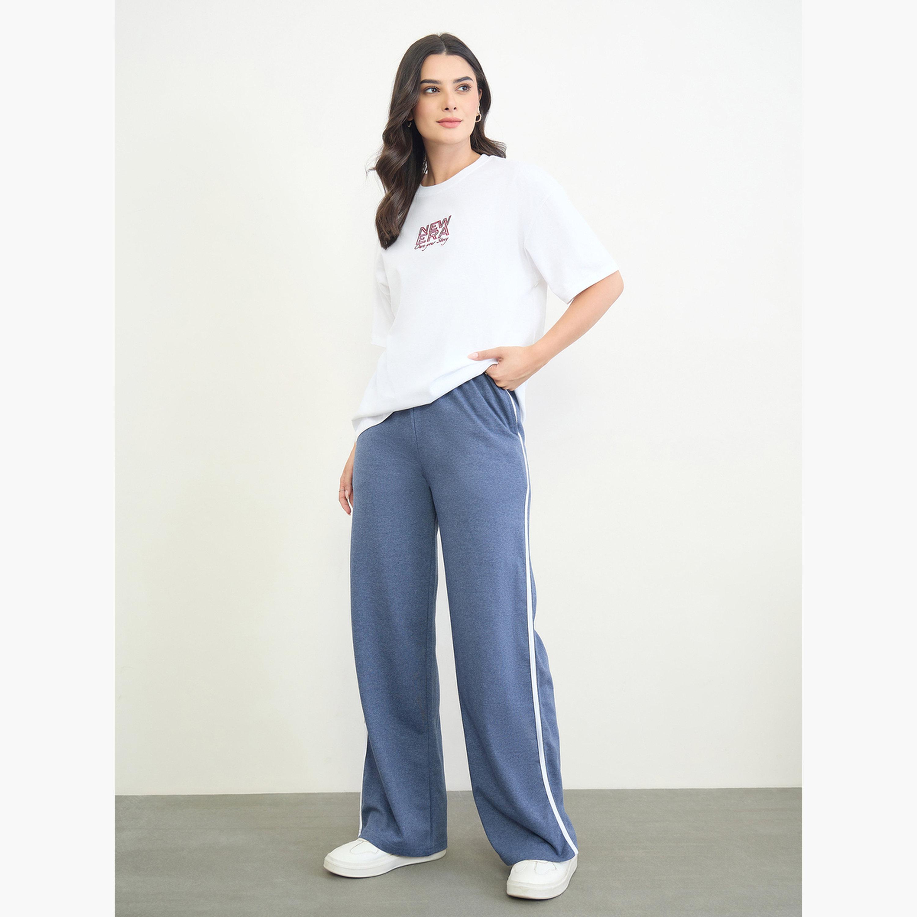 Styli Blue Striped Wide Leg Joggers-women-clothing-joggers-image-2