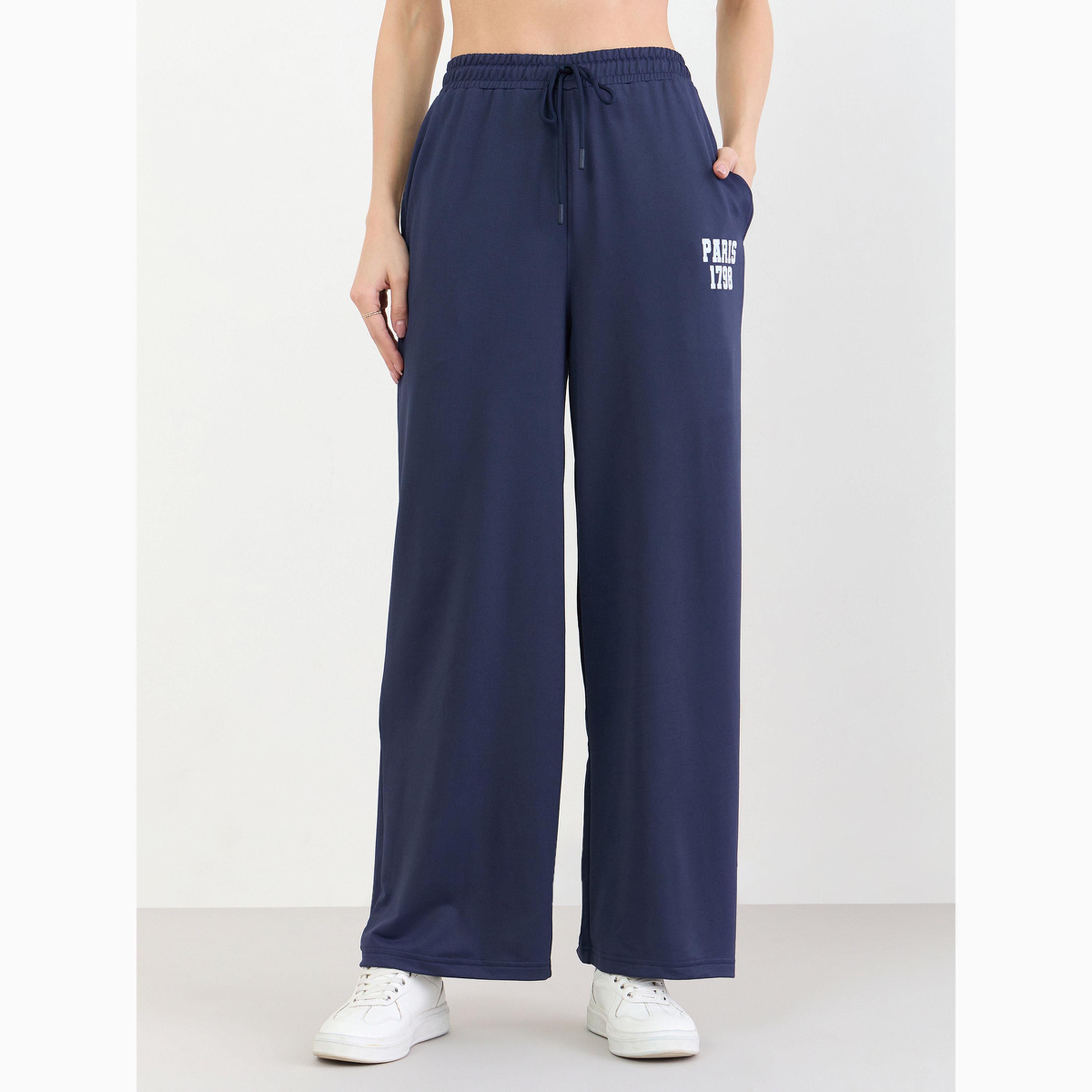 Styli Navy Blue Text Print Wide Leg Joggers-women-clothing-bottoms-joggers-image-1