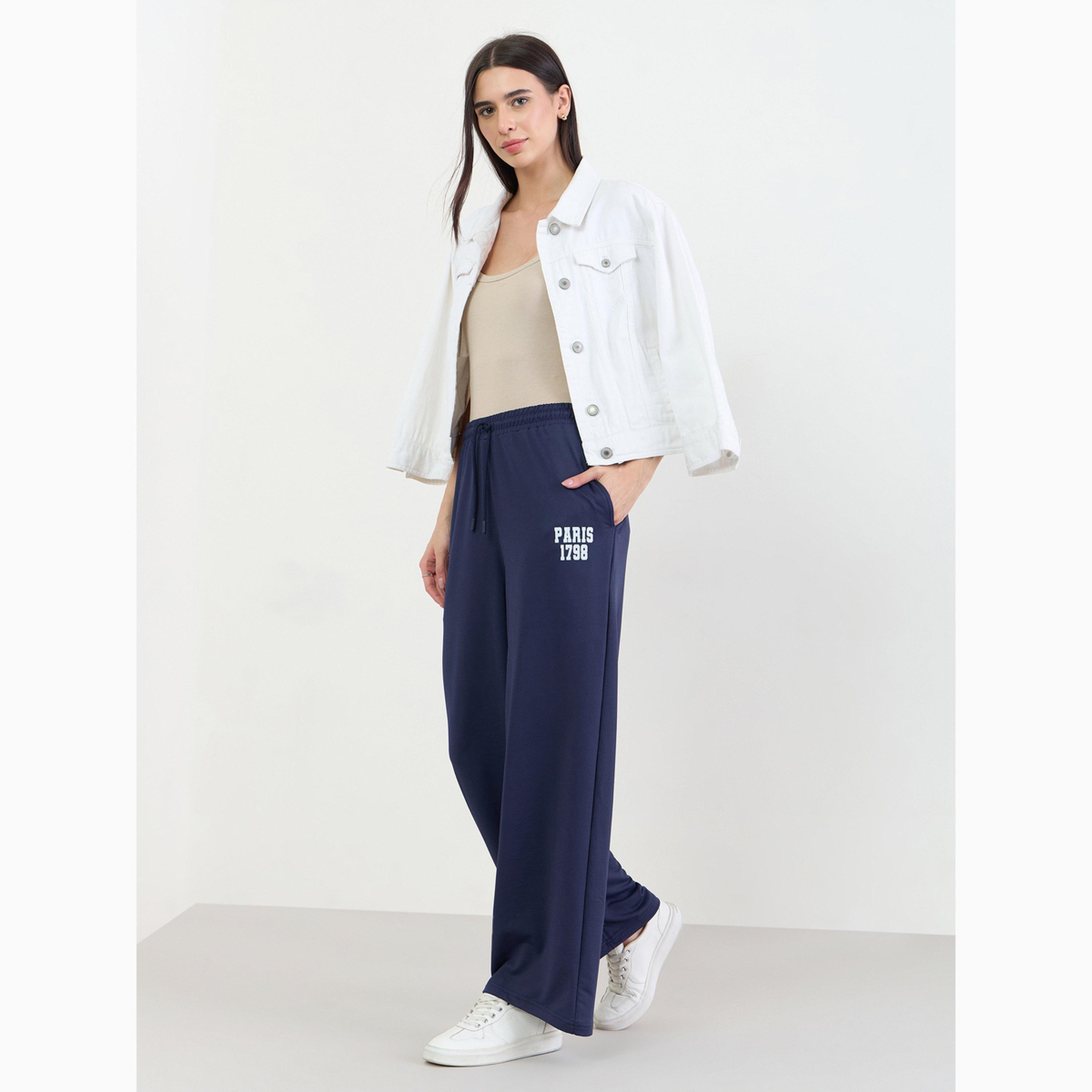 Styli Navy Blue Text Print Wide Leg Joggers-women-clothing-bottoms-joggers-image-2