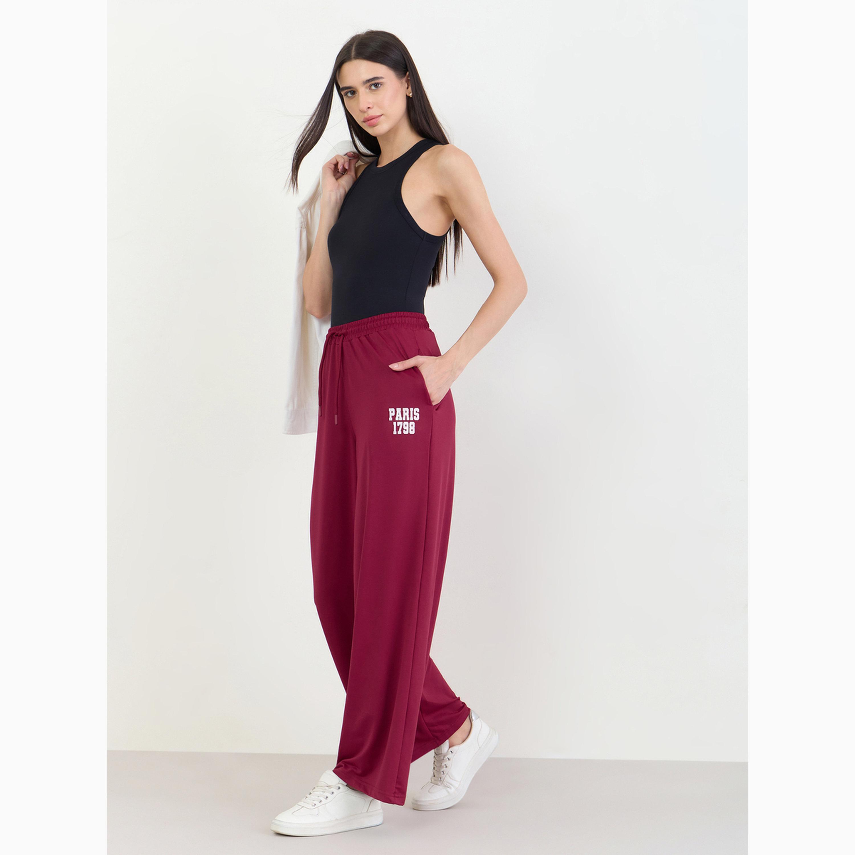 Styli Burgundy Text Print Wide Leg Joggers-women-clothing-bottoms-joggers-image-2