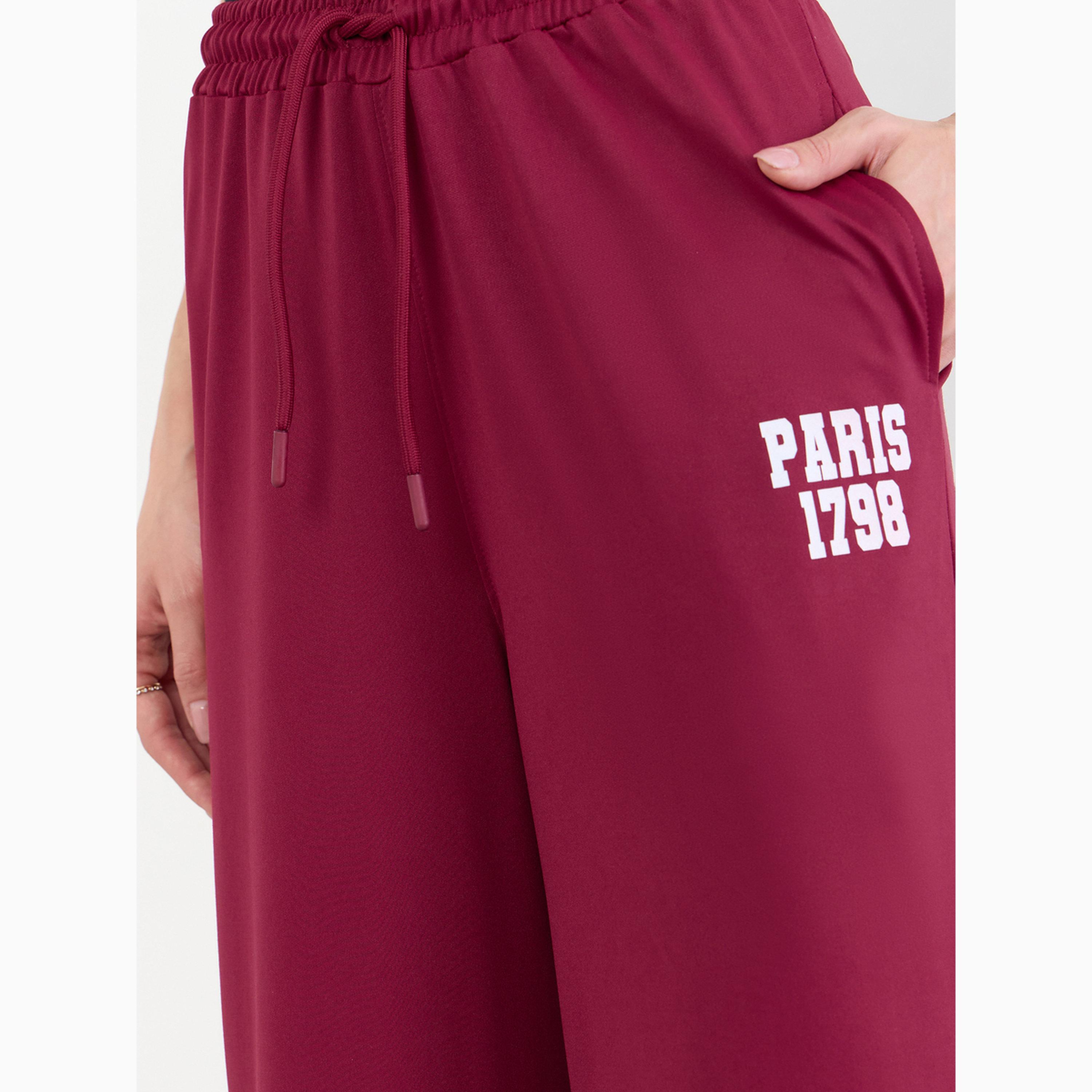 Styli Burgundy Text Print Wide Leg Joggers-women-clothing-bottoms-joggers-image-3