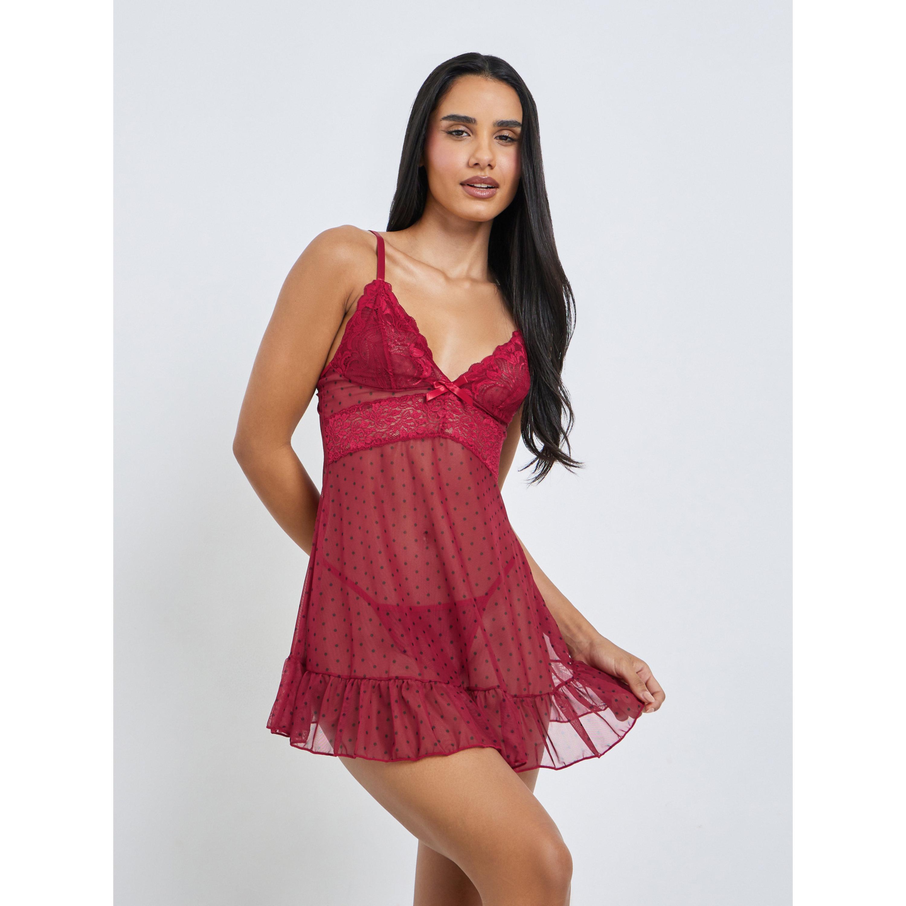 Styli Burgundy Polka Dot Lace Babydoll with Brief Set-women-clothing-lingerie-babydollsandbodysuits-image-1