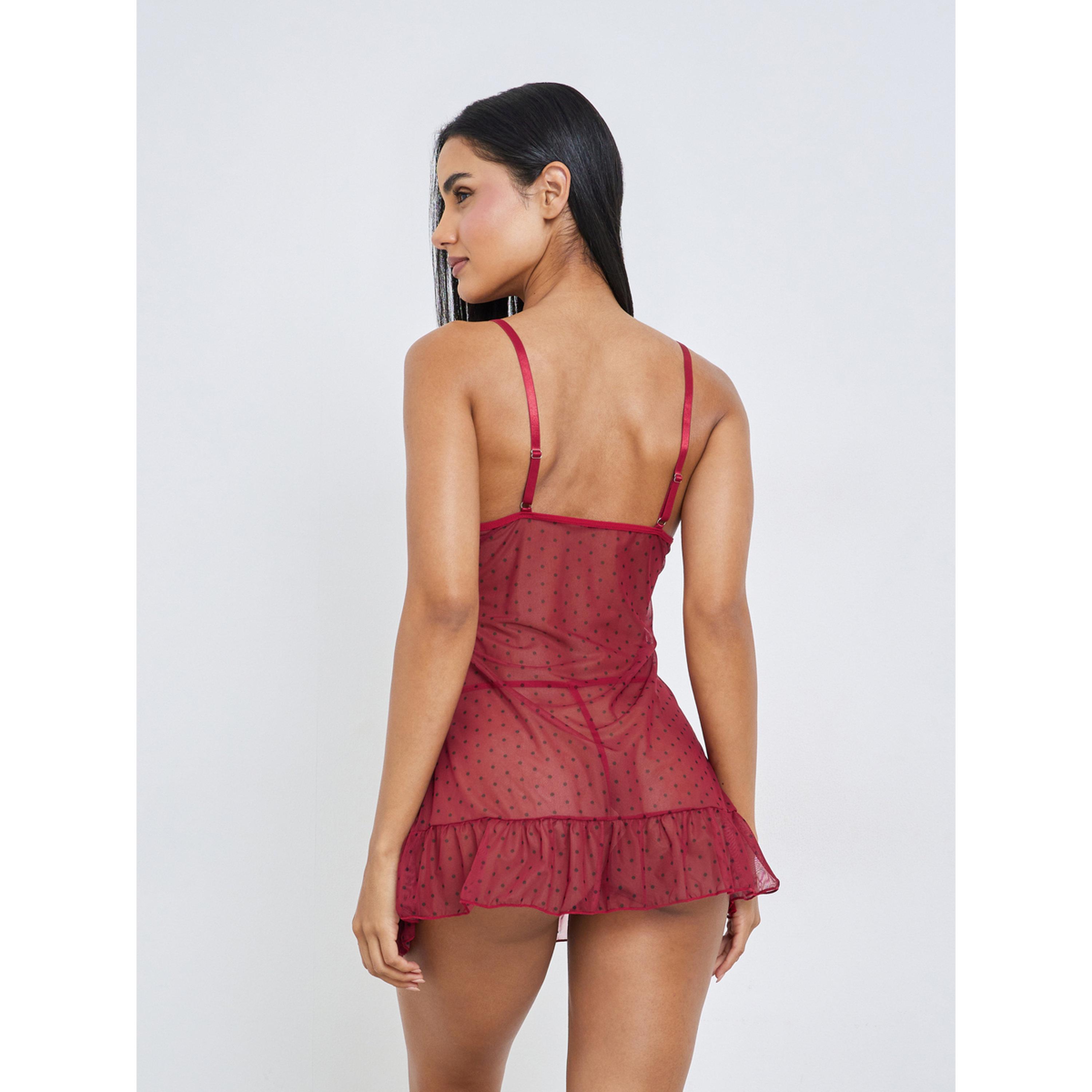 Styli Burgundy Polka Dot Lace Babydoll with Brief Set-women-clothing-lingerie-babydollsandbodysuits-image-3