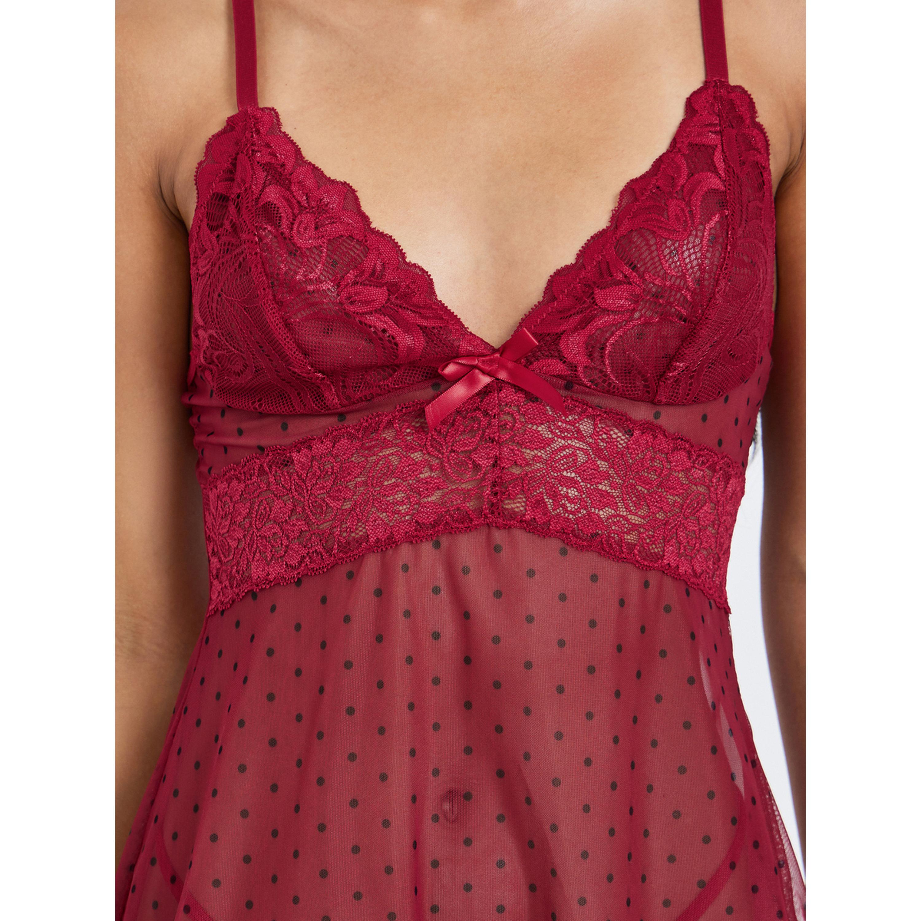 Styli Burgundy Polka Dot Lace Babydoll with Brief Set-women-clothing-lingerie-babydollsandbodysuits-image-5