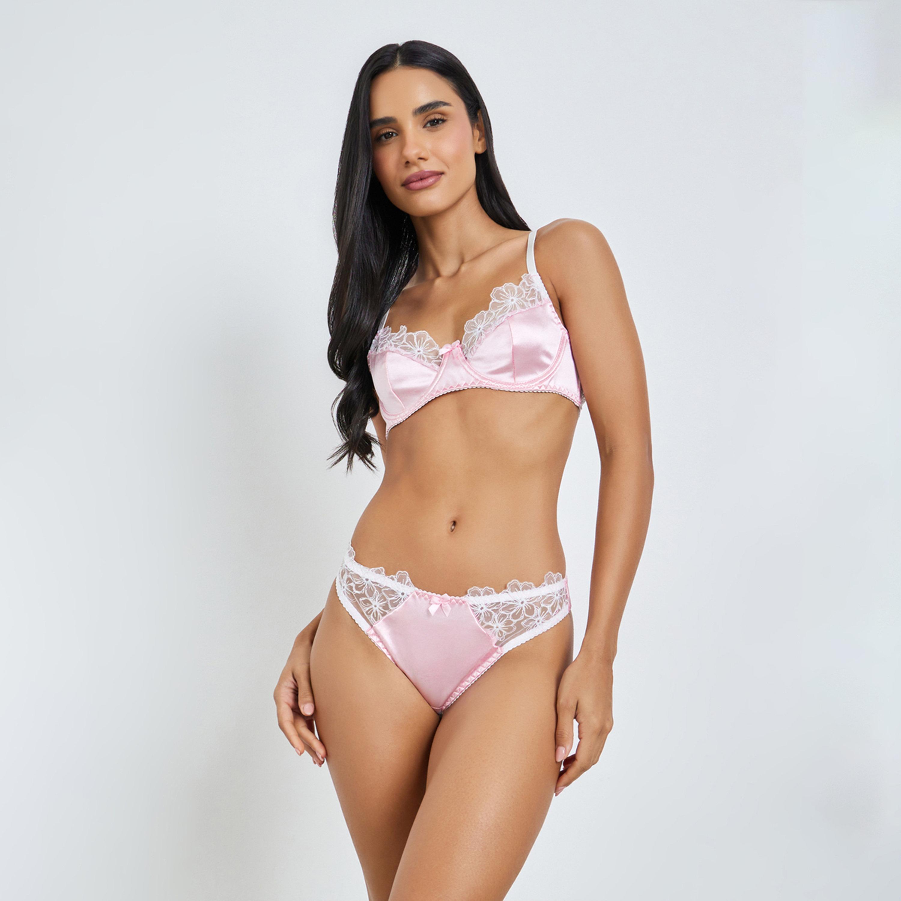طقم من كلسون وحمالة صدر بالكونيت سلكية وغير مبطنة مخمل بحواف دانتيل زهور-women-clothing-lingerie-lingeriesets-image-1