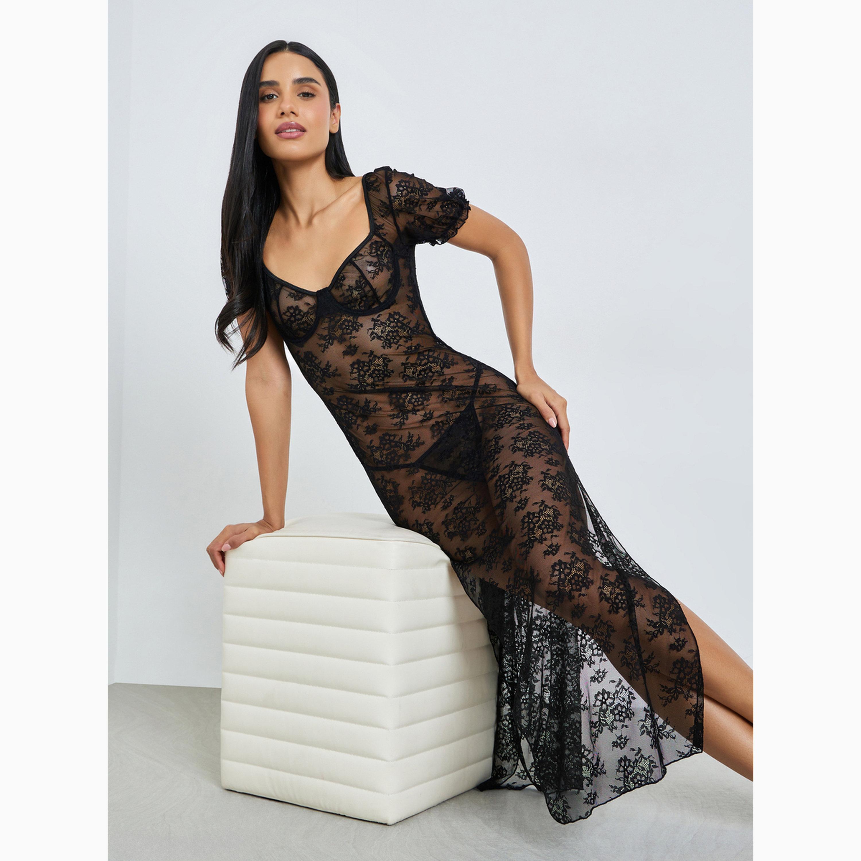 قميص قصير بأكمام قصيرة وسلك سفلي من دانتيل زهور مع كلسون-women-clothing-lingerie-lingeriesets-image-2
