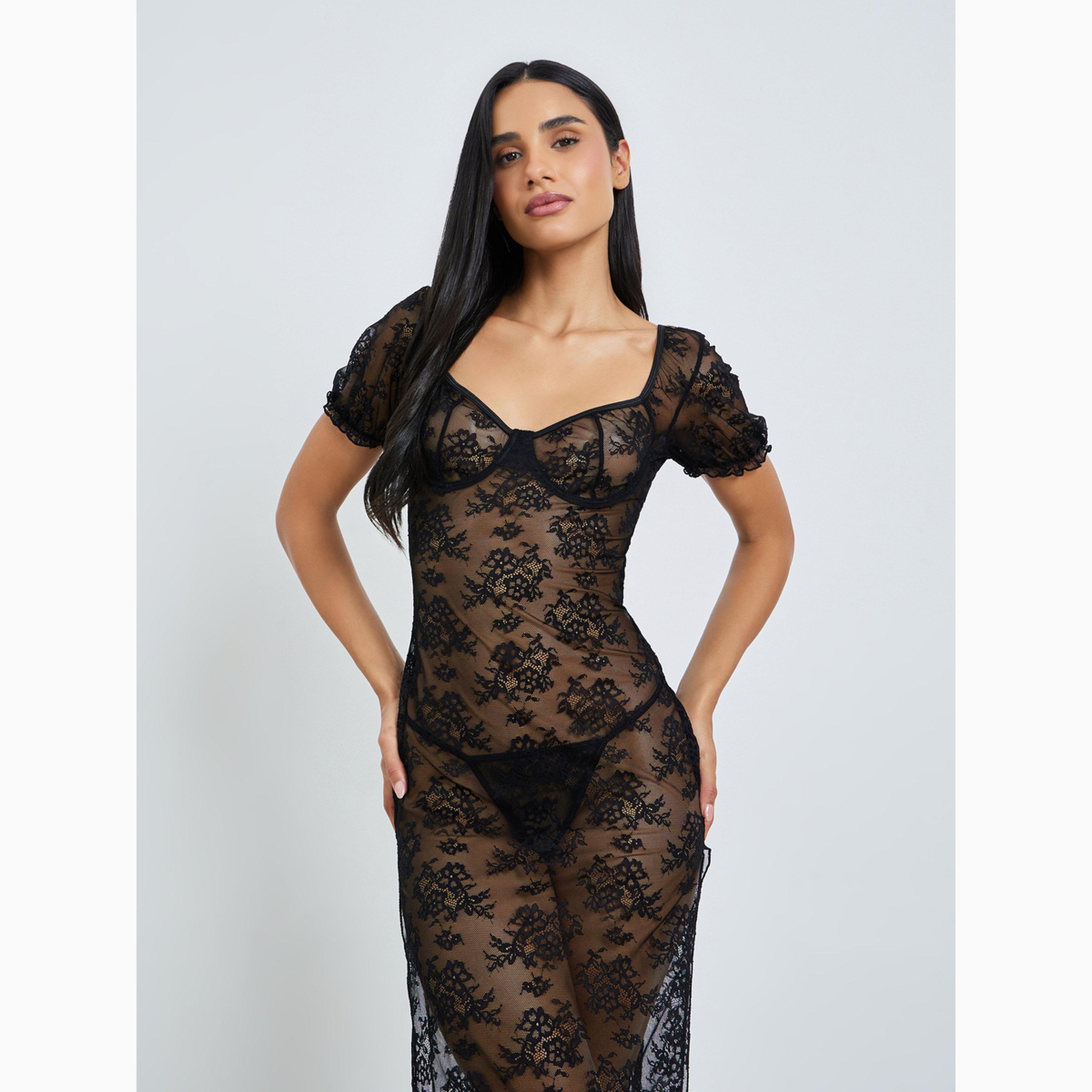 قميص قصير بأكمام قصيرة وسلك سفلي من دانتيل زهور مع كلسون-women-clothing-lingerie-lingeriesets-image-3