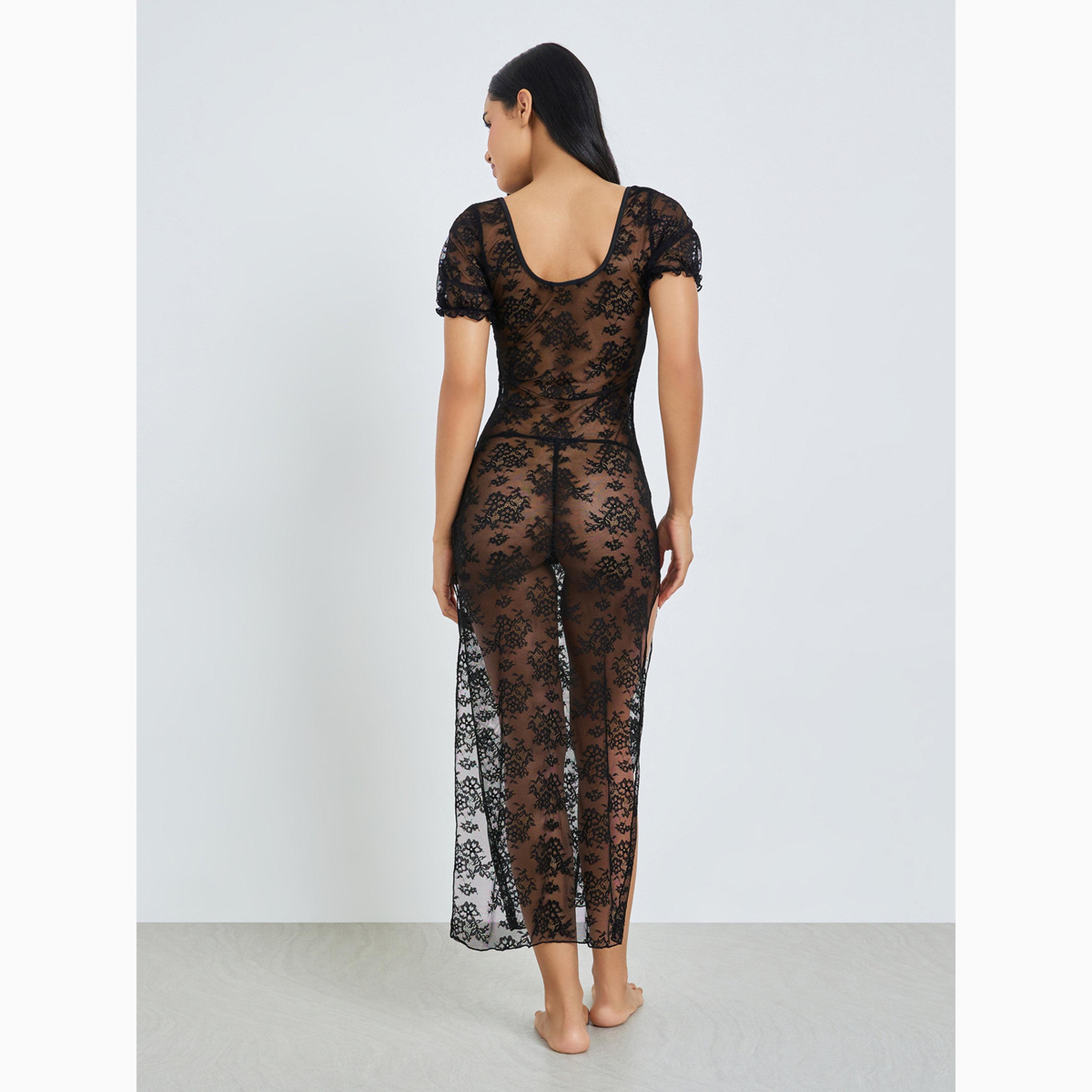 قميص قصير بأكمام قصيرة وسلك سفلي من دانتيل زهور مع كلسون-women-clothing-lingerie-lingeriesets-image-6