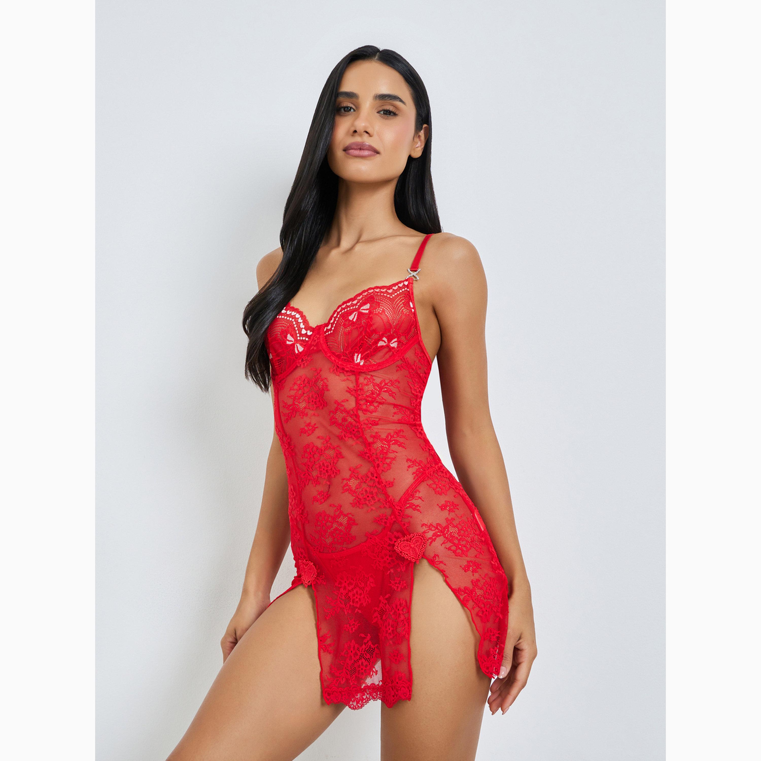 بيبيدول بسلك سفلي وتفاصيل قلب من دانتيل زهور مع كلسون-women-clothing-lingerie-lingeriesets-image-1
