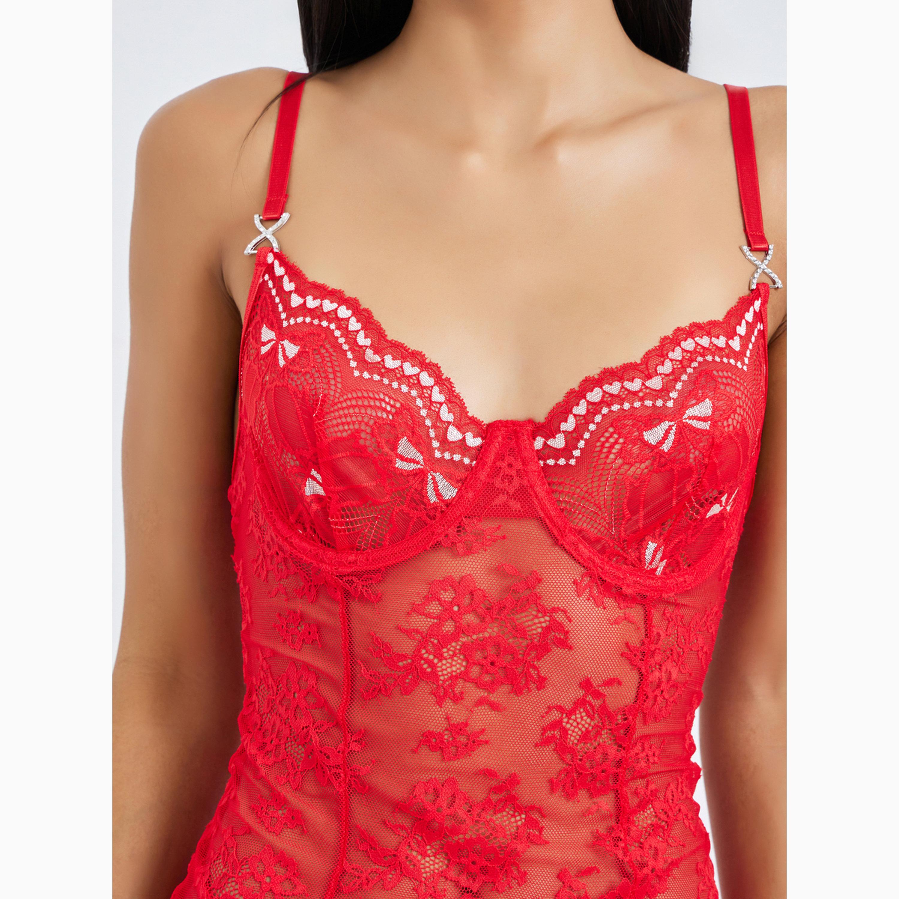 بيبيدول بسلك سفلي وتفاصيل قلب من دانتيل زهور مع كلسون-women-clothing-lingerie-lingeriesets-image-2