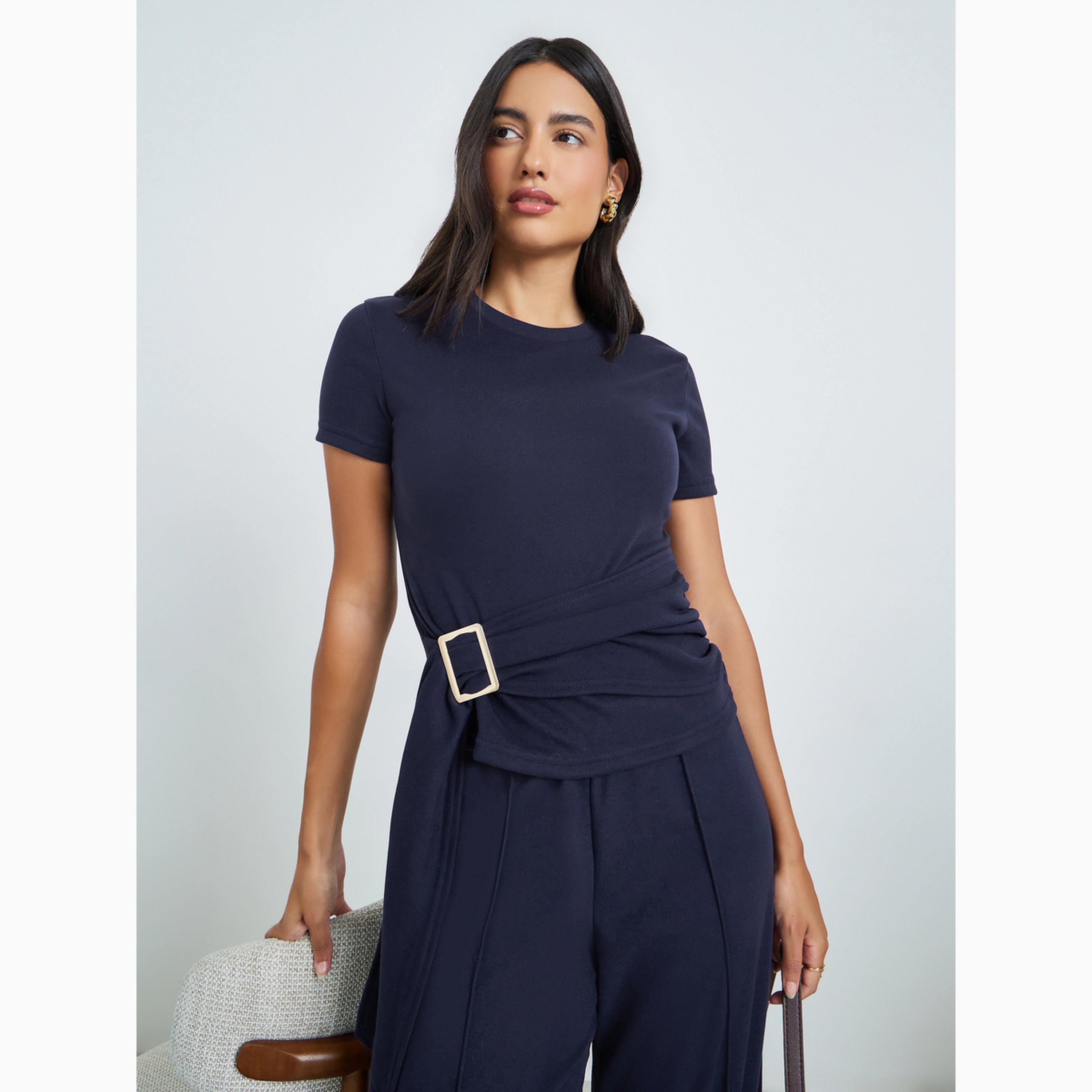 Styli Navy Blue Knitted Short Sleeve Belted T-Shirt with Metal Buckle-women-clothing-tshirts-image-1