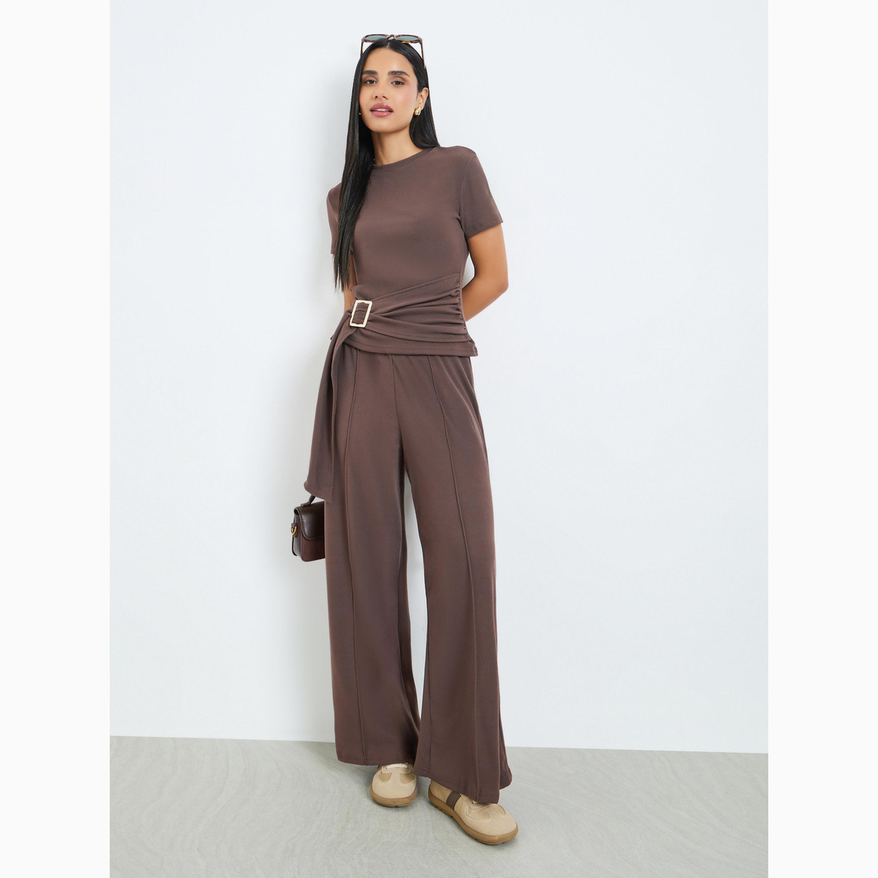 Styli Brown Wide Leg Knitted Joggers-women-clothing-bottoms-joggers-image-2