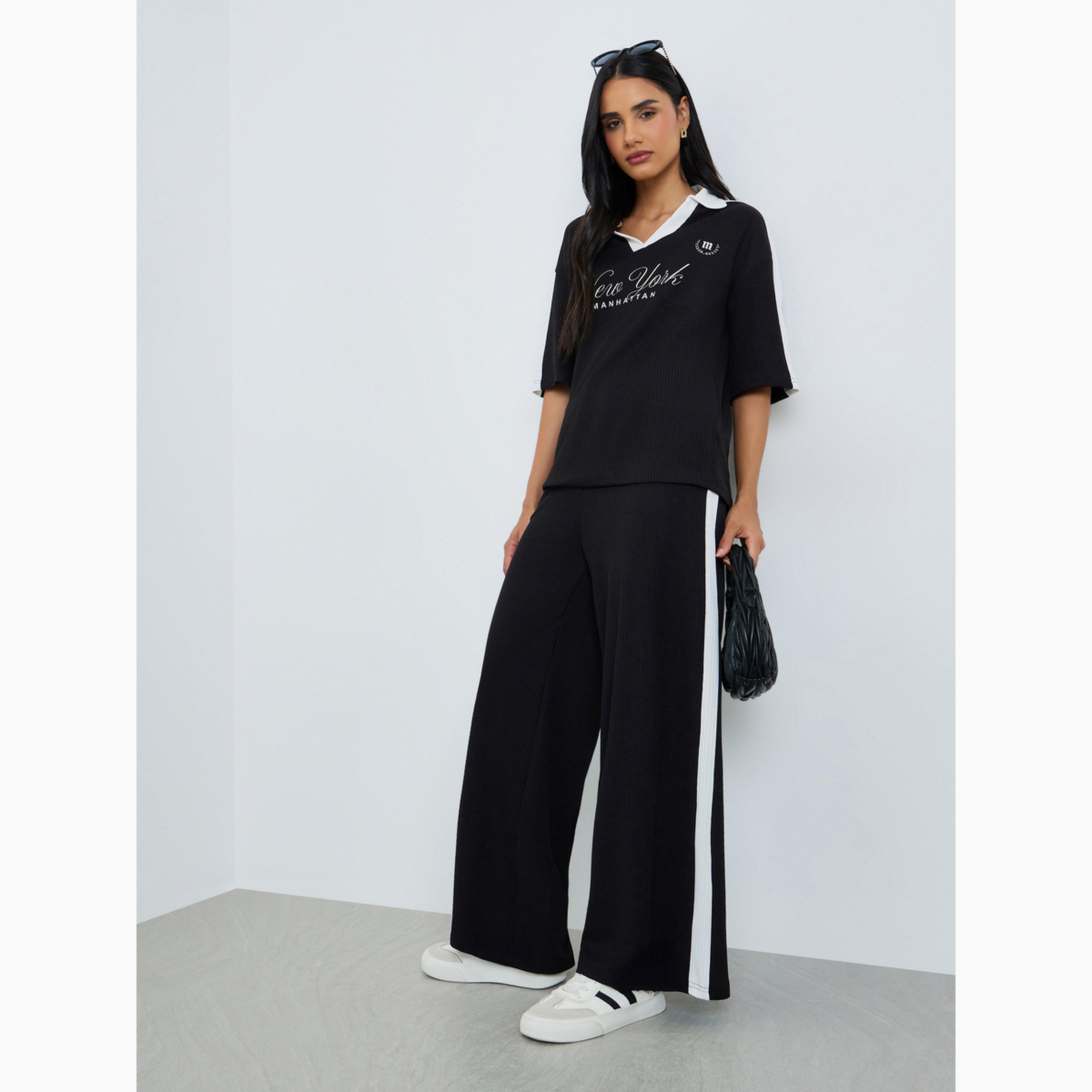 Styli Black Slogan Print Collared Oversized Polo T-Shirt-women-clothing-tshirts-image-2