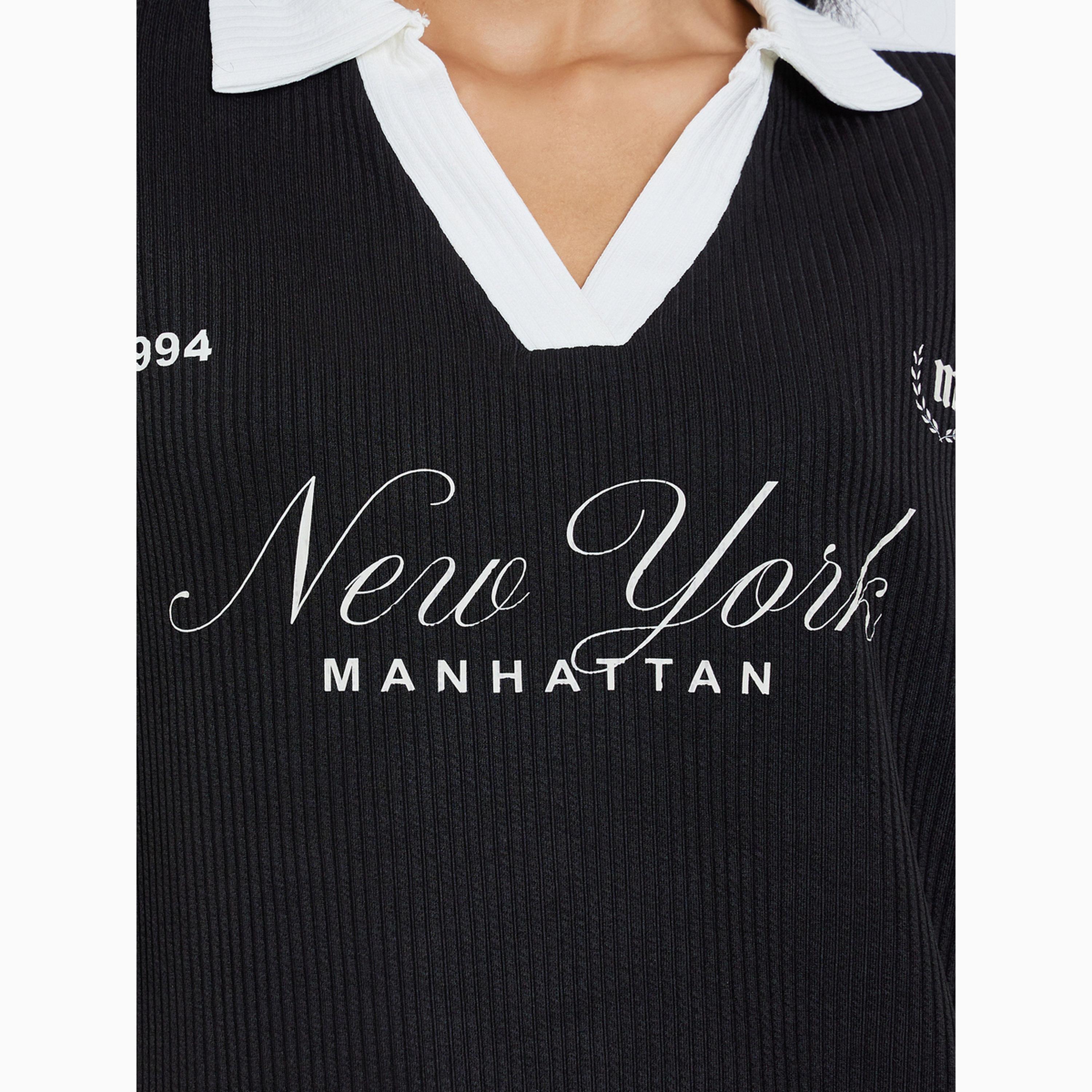 Styli Black Slogan Print Collared Oversized Polo T-Shirt-women-clothing-tshirts-image-3