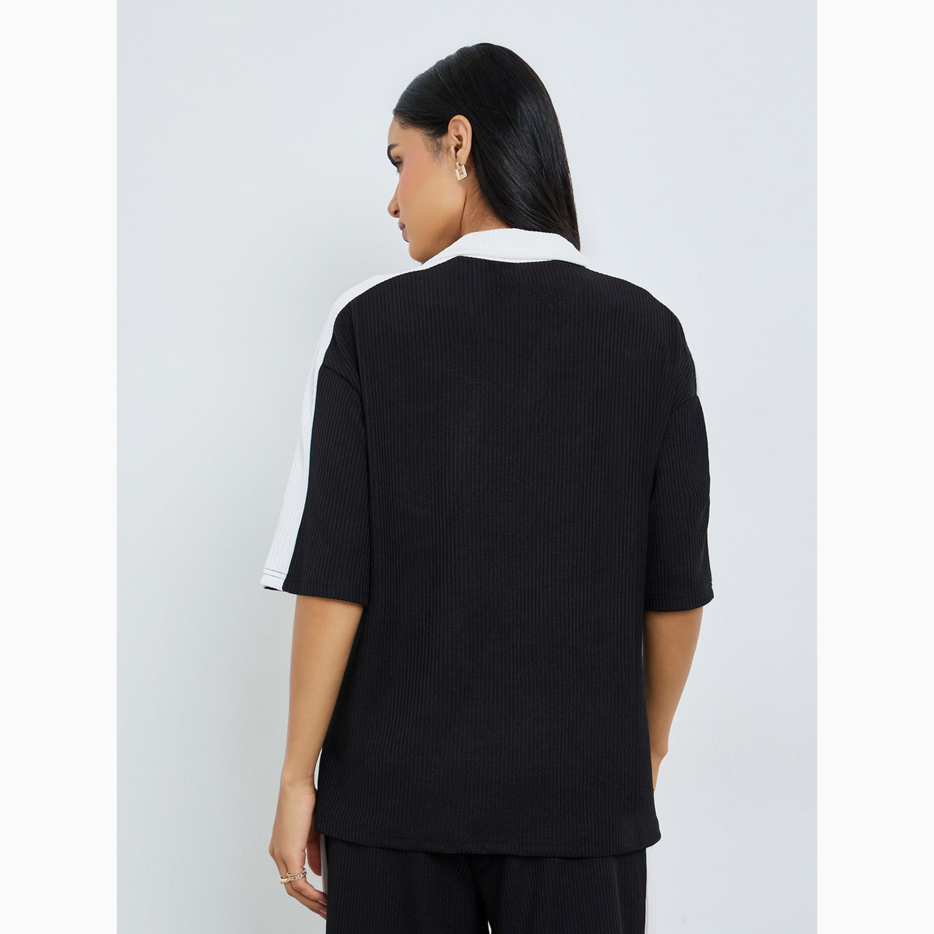 Styli Black Slogan Print Collared Oversized Polo T-Shirt-women-clothing-tshirts-image-4