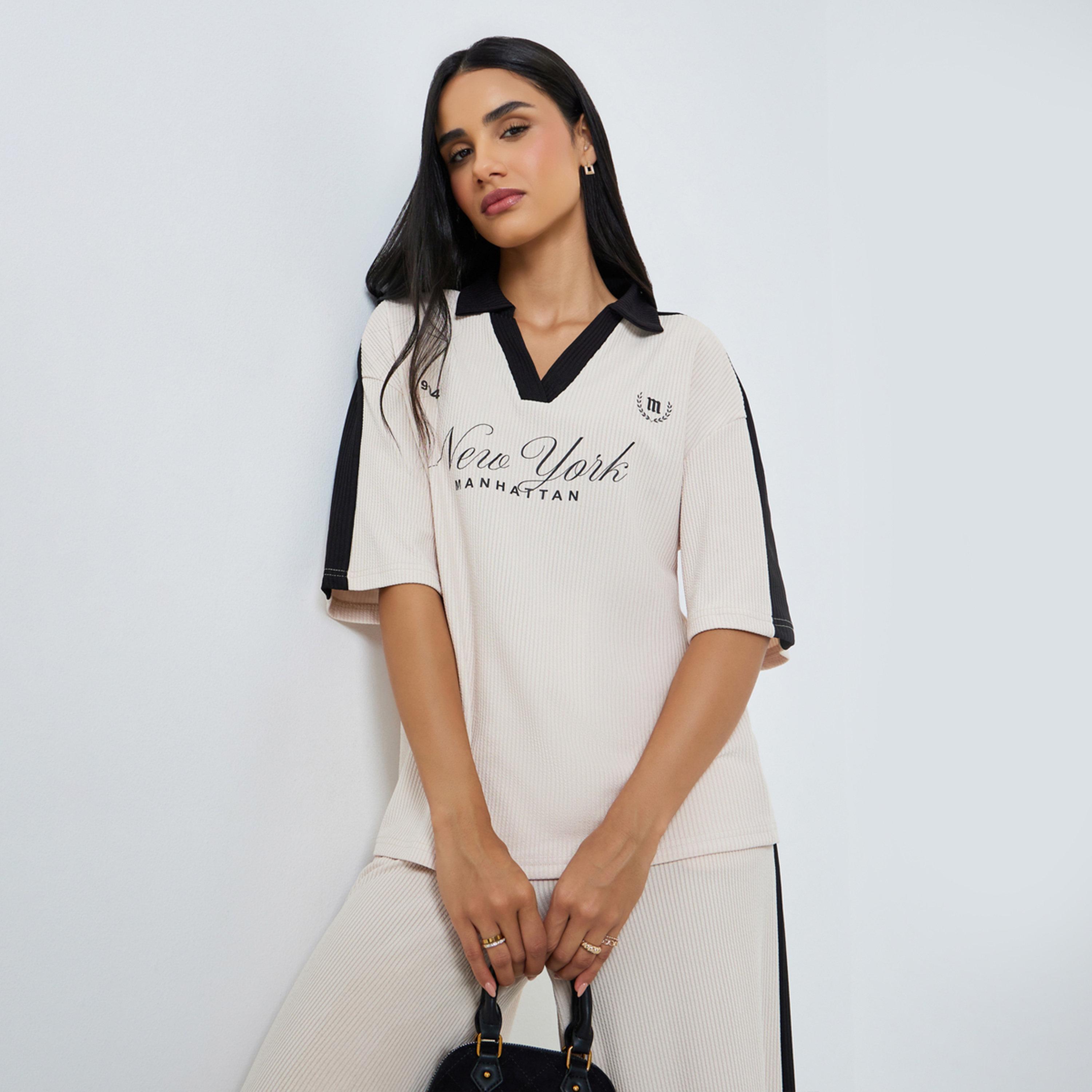 Styli Beige Slogan Print Collared Oversized Polo T-Shirt-women-clothing-tshirts-image-1
