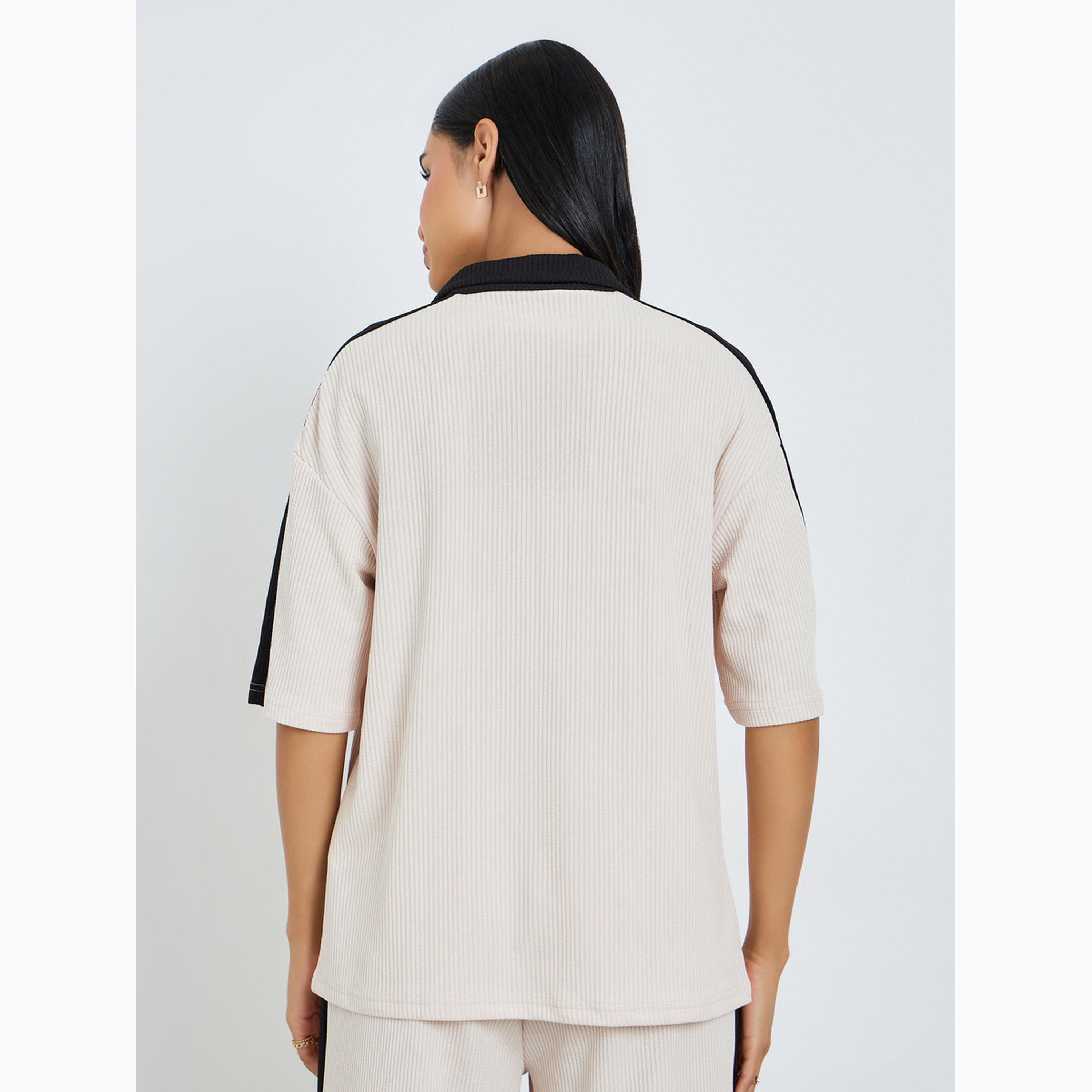 Styli Beige Slogan Print Collared Oversized Polo T-Shirt-women-clothing-tshirts-image-5