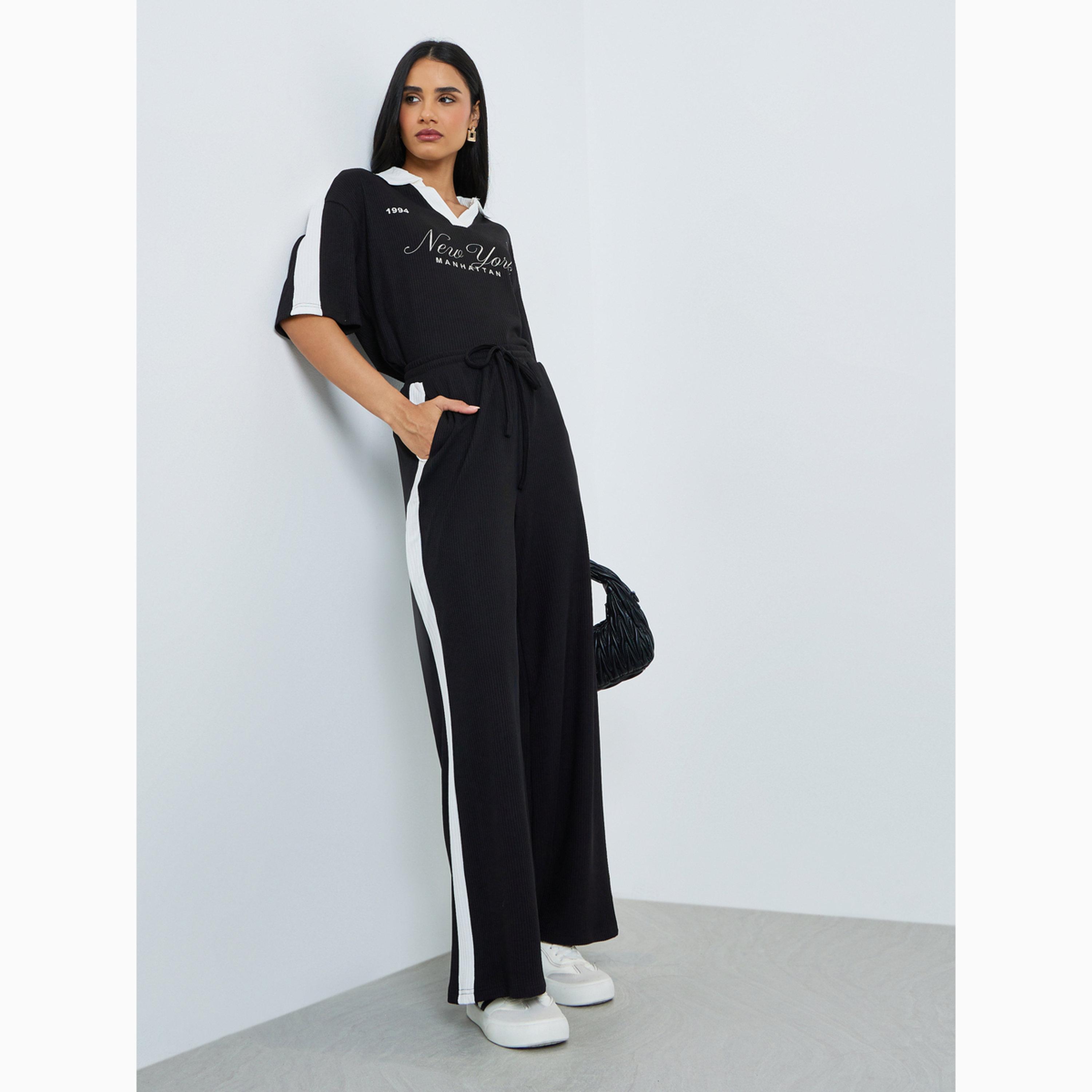 Styli Black Wide Leg Joggers with Side Stripe-women-clothing-bottoms-joggers-image-2