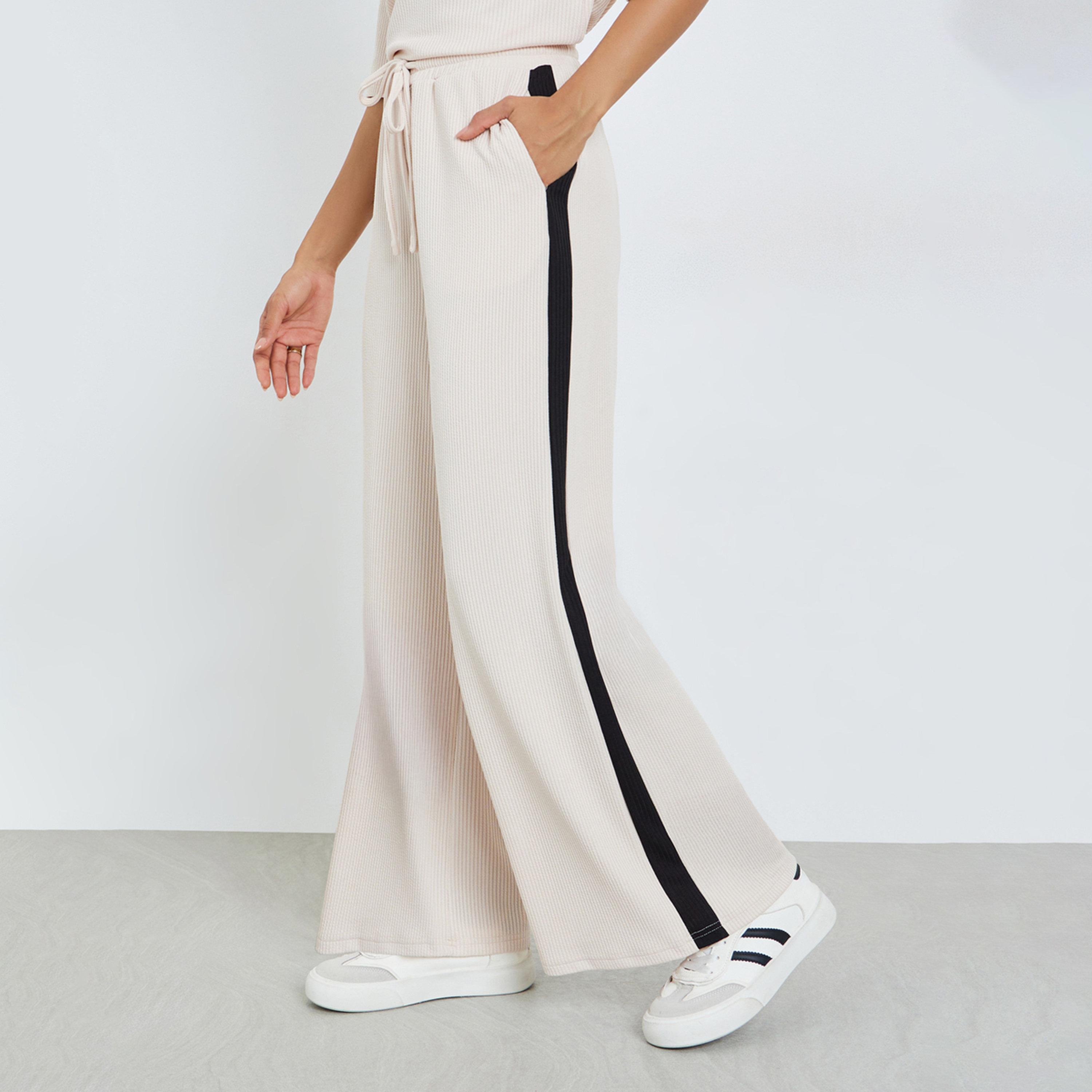 Styli Beige Wide Leg Joggers with Side Stripe-women-clothing-bottoms-joggers-image-1
